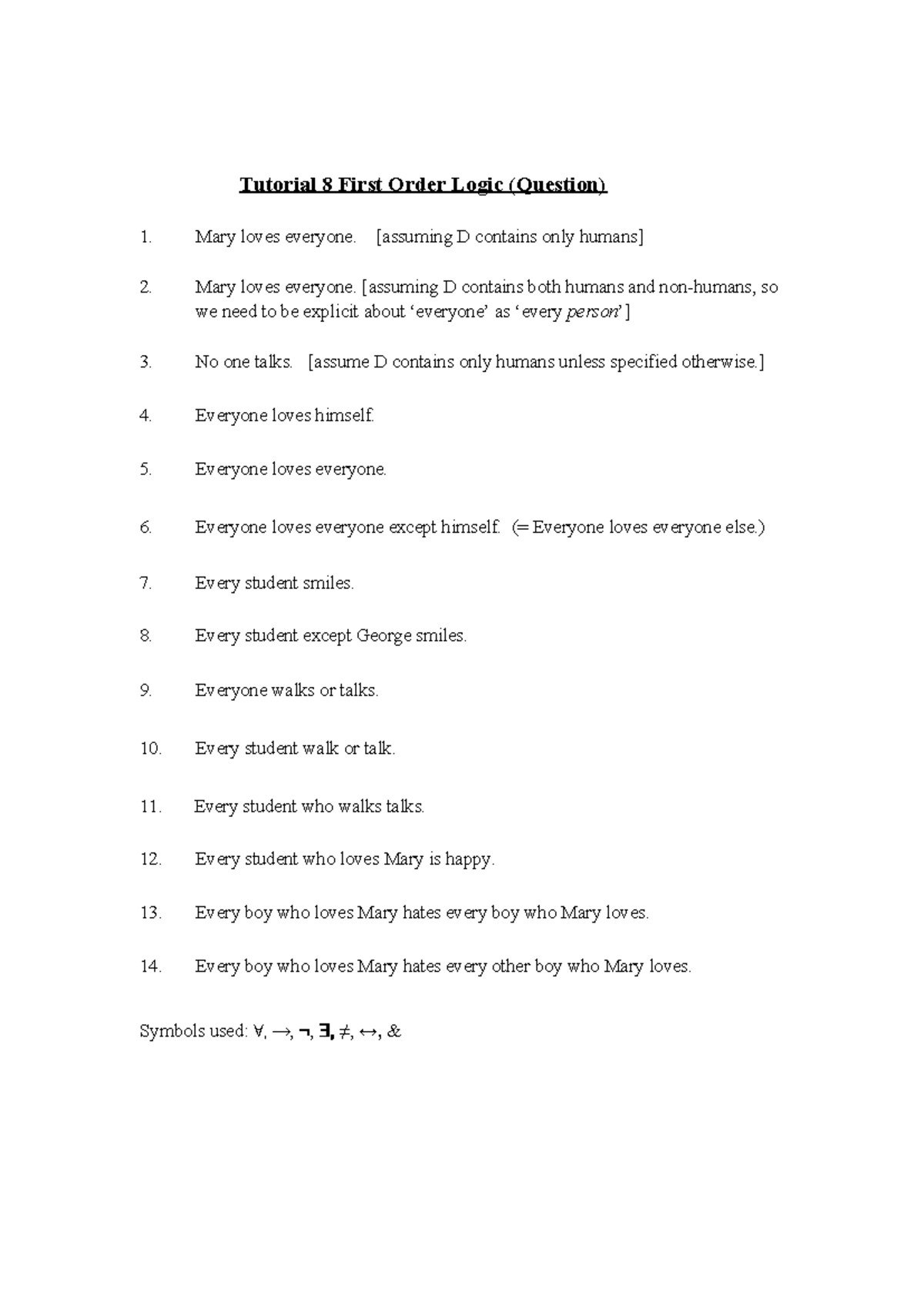 Lab08 Tutorial on First Order Logic Questions - Studocu