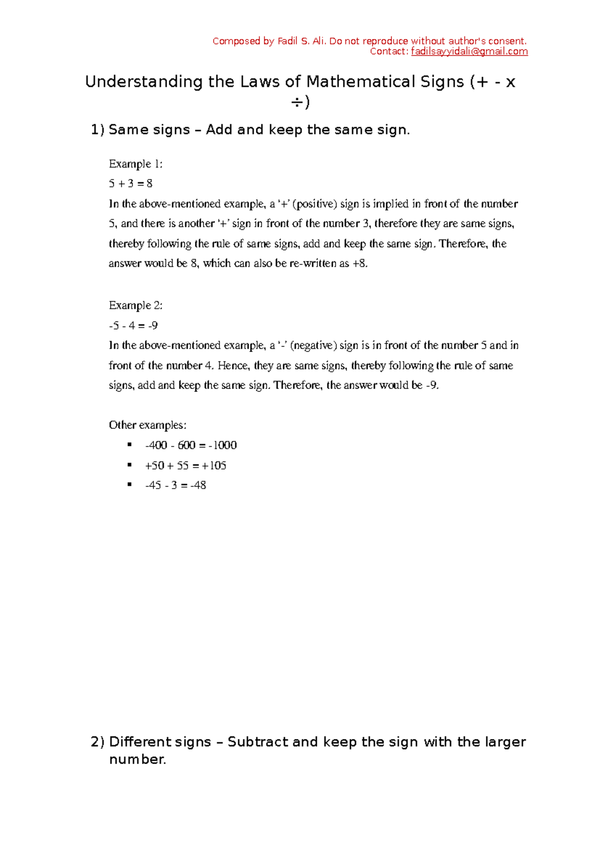 Understanding Mathematical Signs: Same vs. Different Signs (MATH101 ...