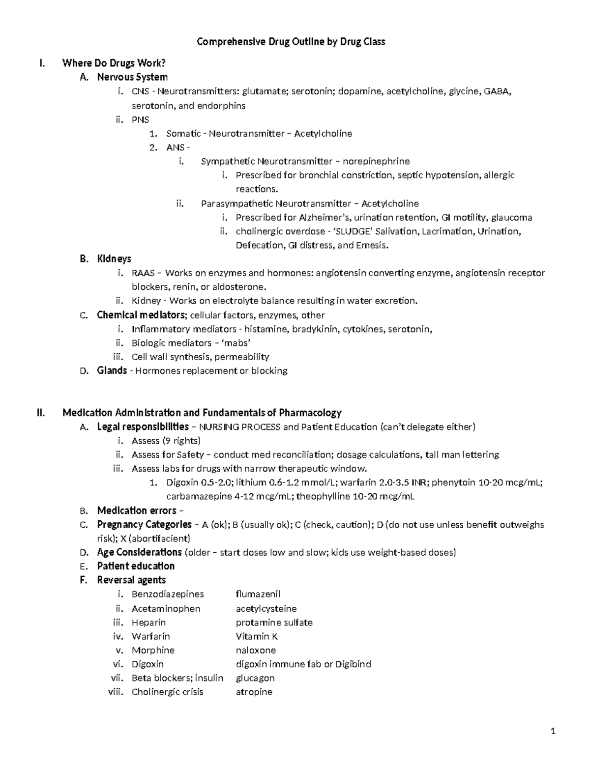 Comprehensive Drug Outline for Pharmacology NURS 101 - Studocu
