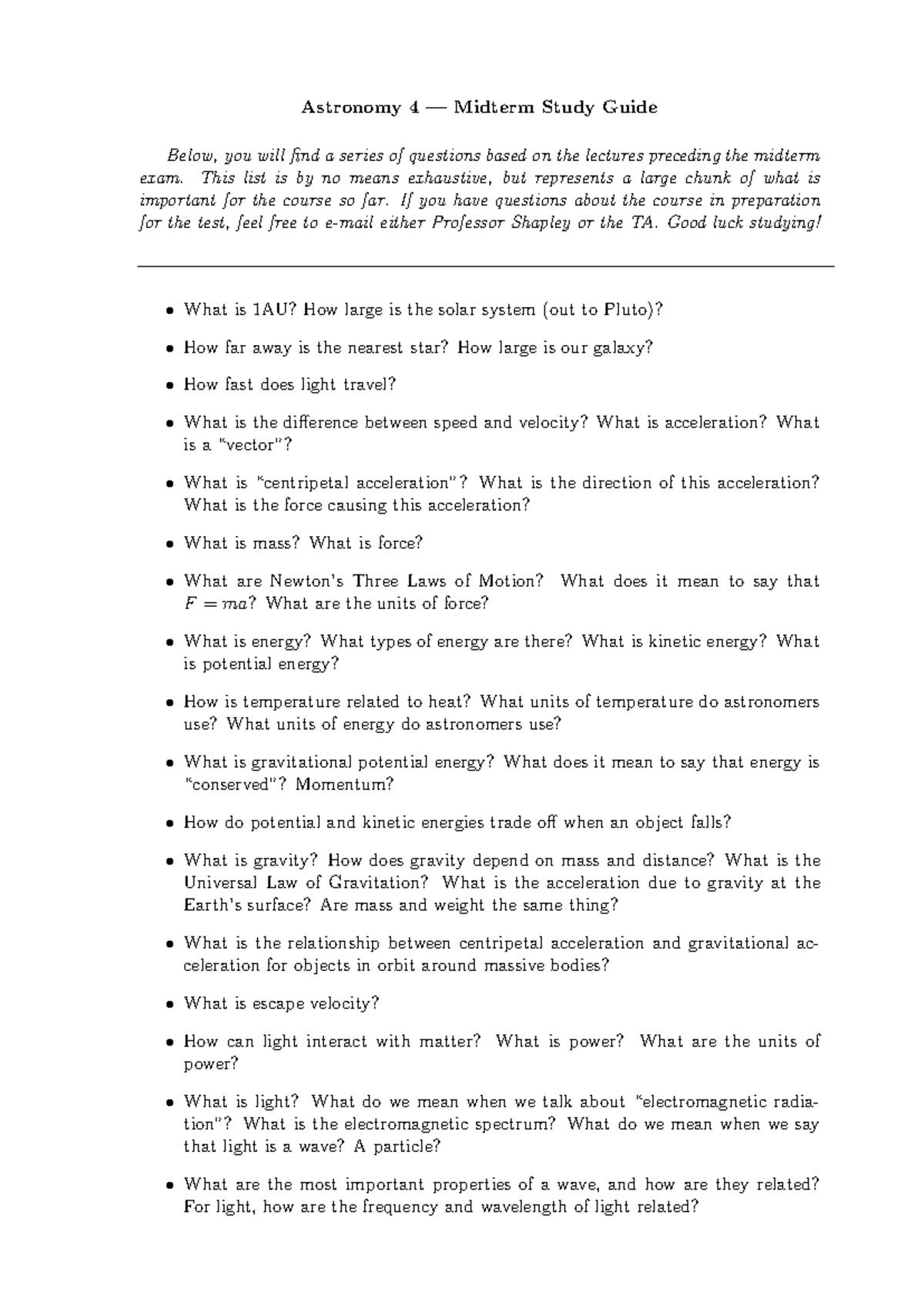 Astronomy 4 Midterm Study Guide: Key Concepts and Questions - Studocu