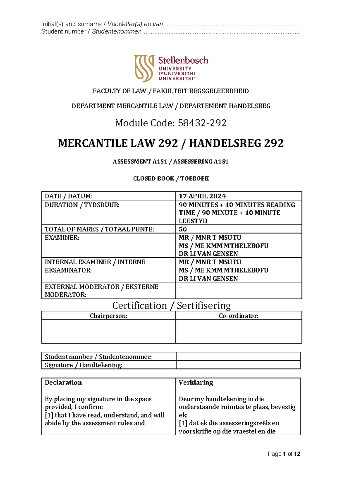ML 292 - A1S1 (17 April 2024) - Section B only - Student number ...
