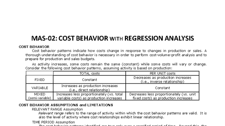 MAS-02 Cost Behavior Analysis with Regression Techniques - Studocu