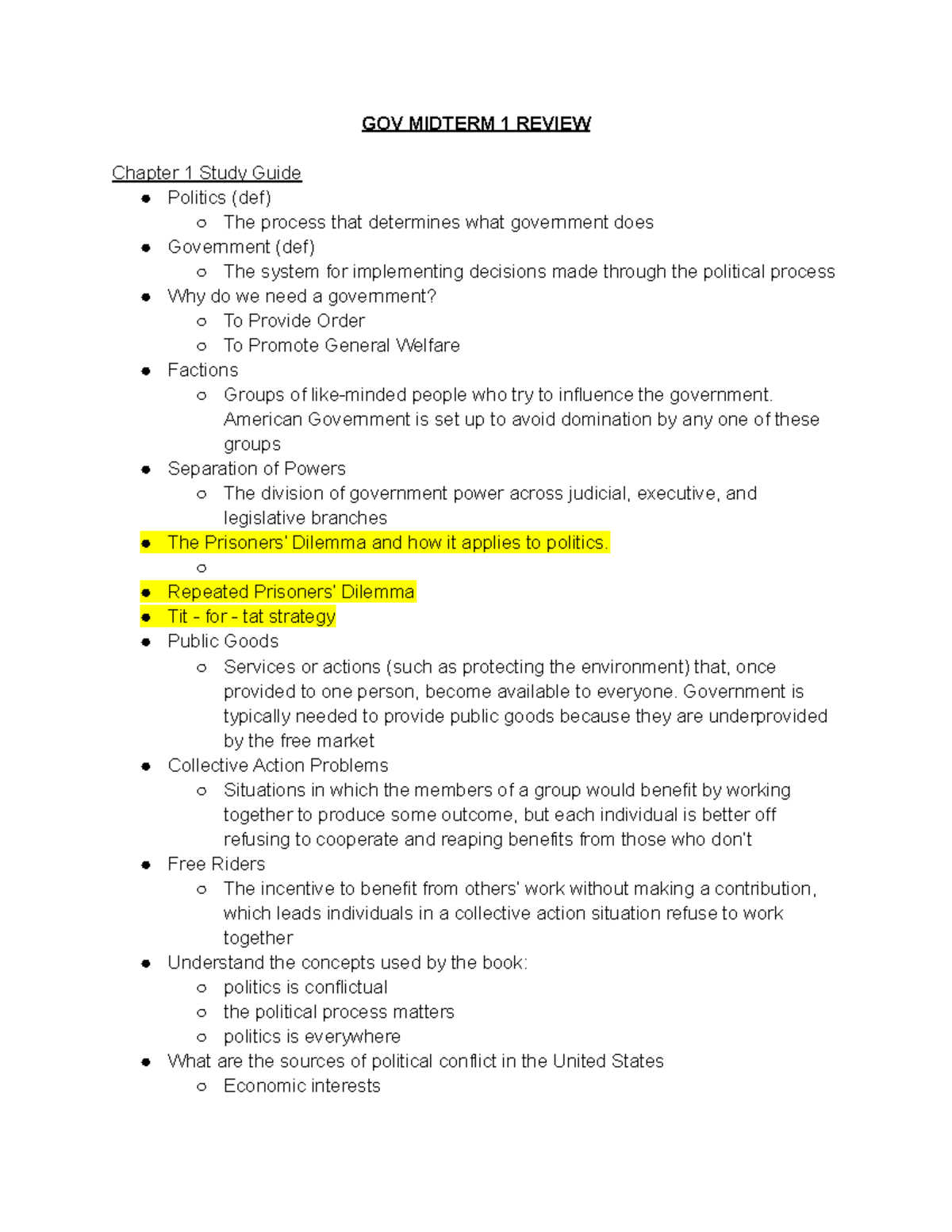 GOV 101 Midterm 1 Comprehensive Review Notes - Studocu
