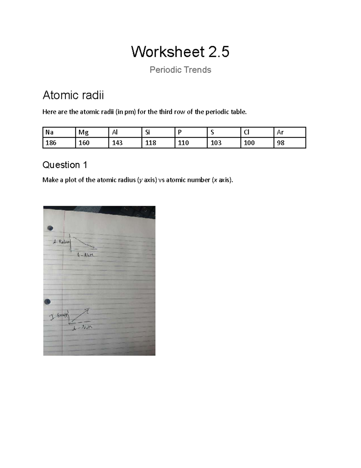 Worksheet 2.5: Periodic Trends in Atomic Radii and Ionization Energy ...