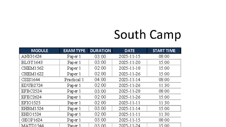 Final Exam Schedule 2025 for South Campus Modules - Studocu