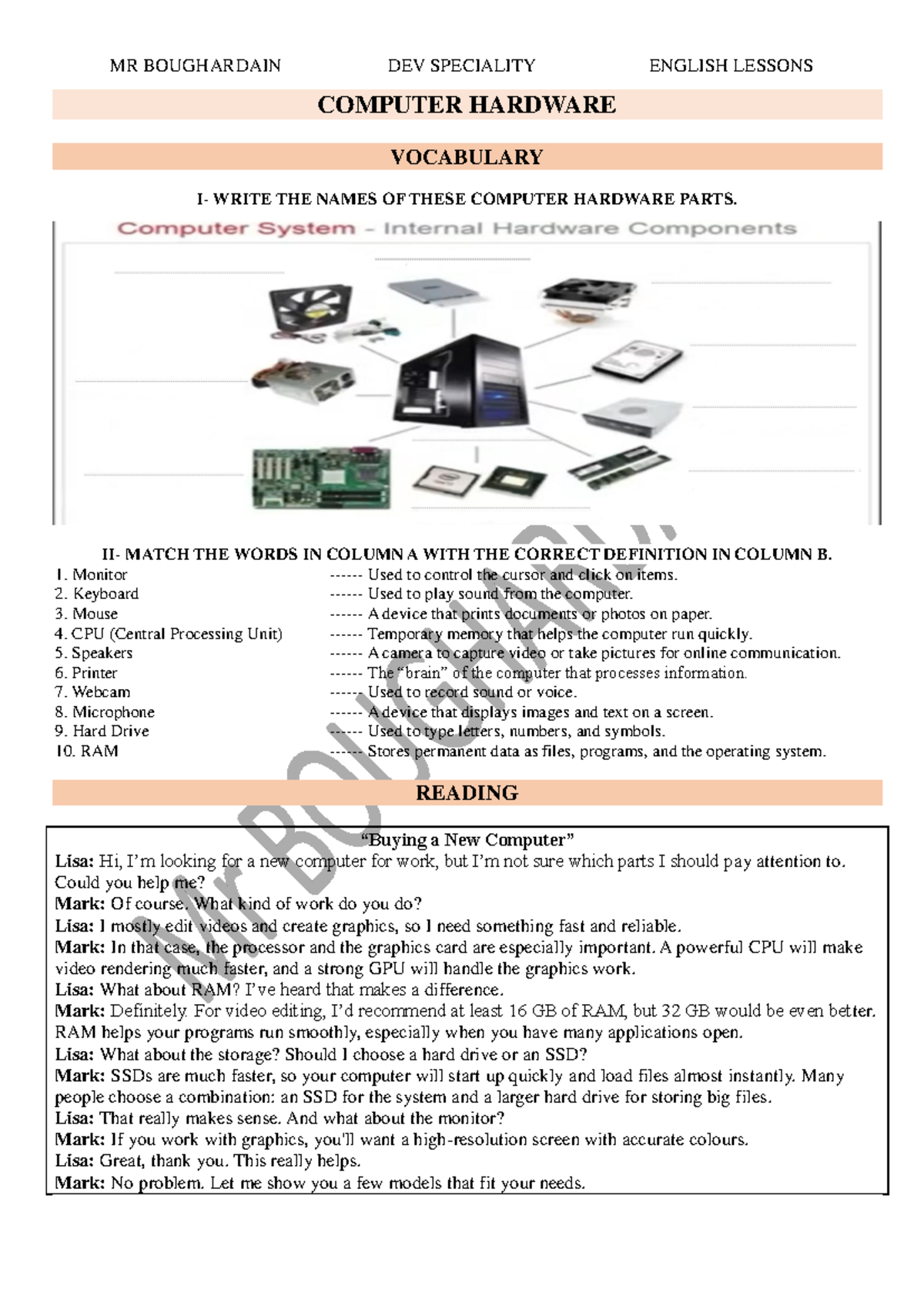 DEV F - Computer Hardware Vocabulary Lesson and Matching Exercise - Studocu