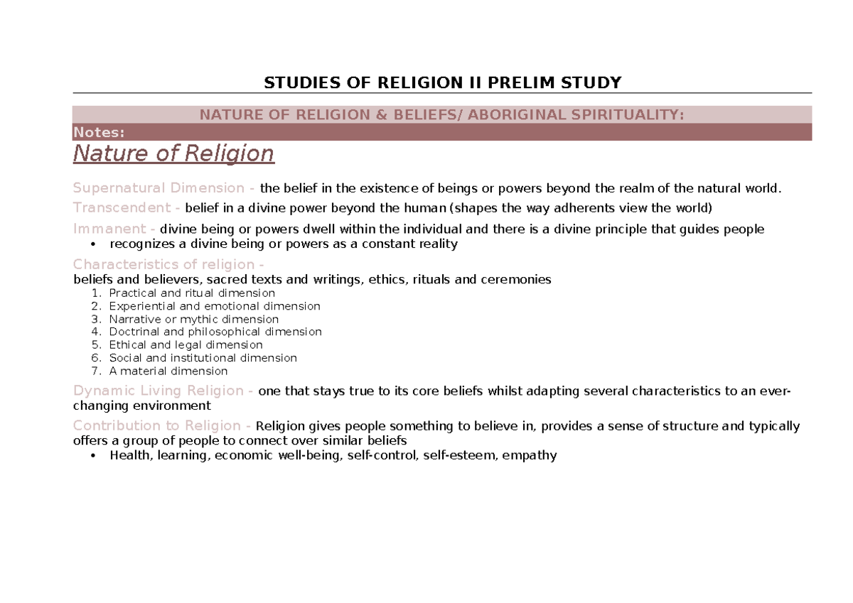Studies of Religion II Prelim Study Notes: Nature of Beliefs ...