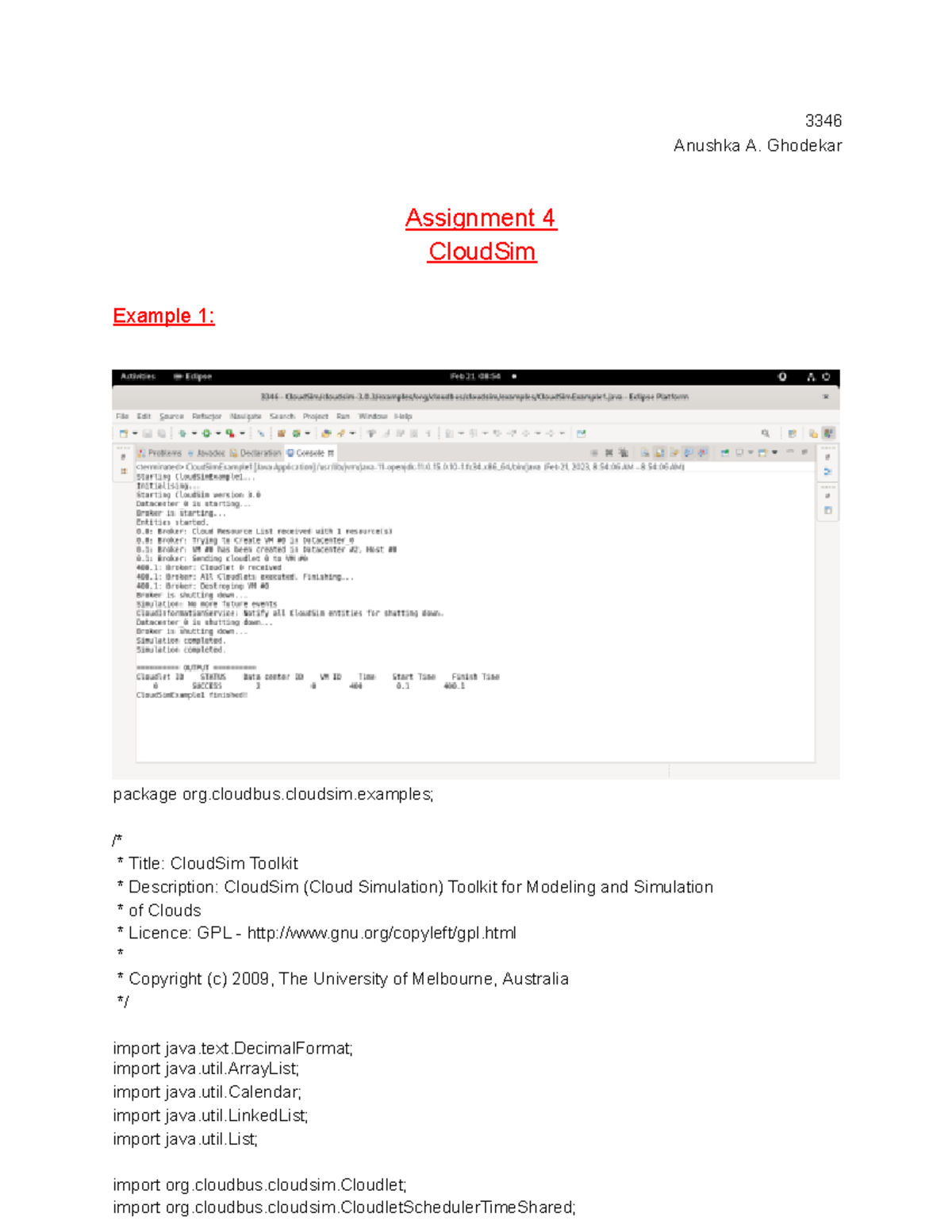 3352 Assignment 4: CloudSim Examples for Simulation Models - Studocu
