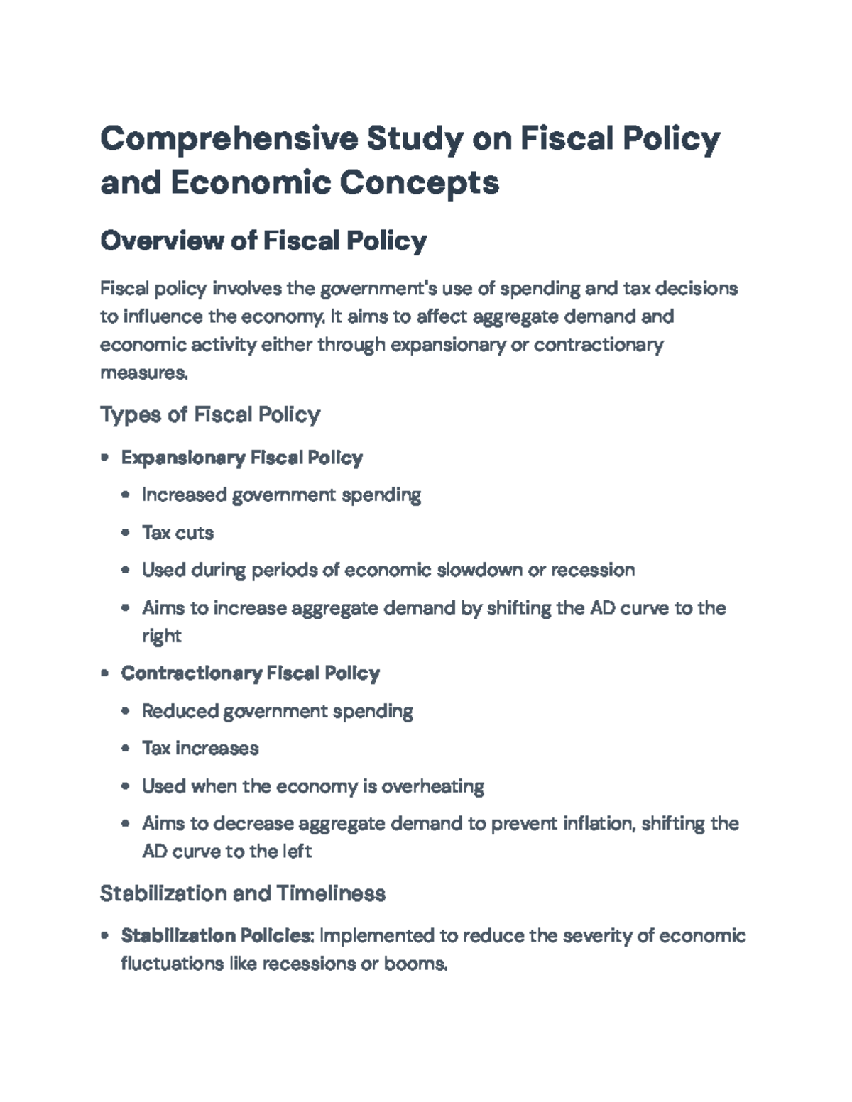 Comprehensive Overview of Fiscal Policy and Economic Concepts (ECON 101 ...
