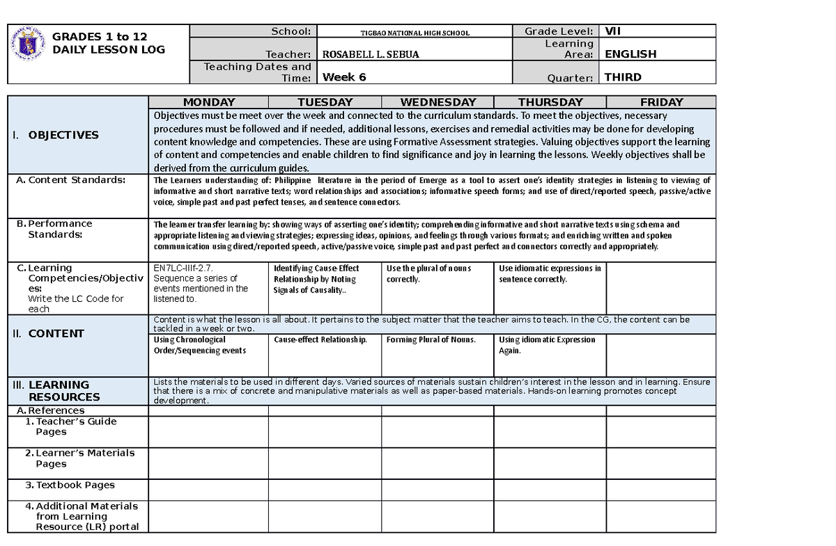 DLL 3rd Qtr Week 6 - Daily Lesson Logs for Grade 7 English - Studocu