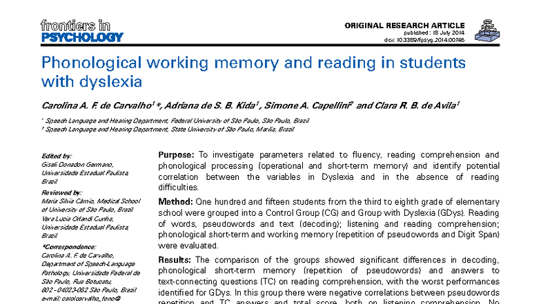 Phonological Working Memory and Reading in Dyslexia: A Study (FPSYG-05 ...