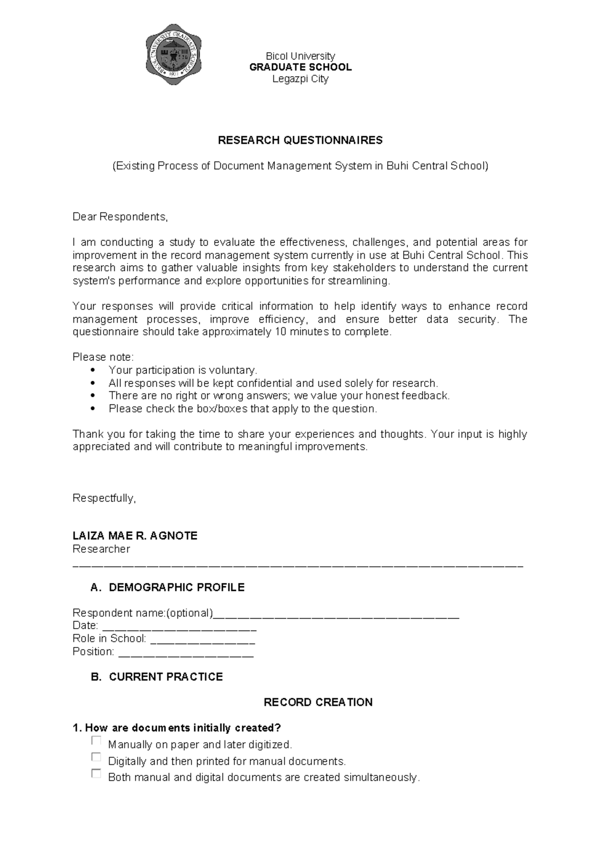 Research Questionnaires - GRADUATE SCHOOL Legazpi City RESEARCH ...