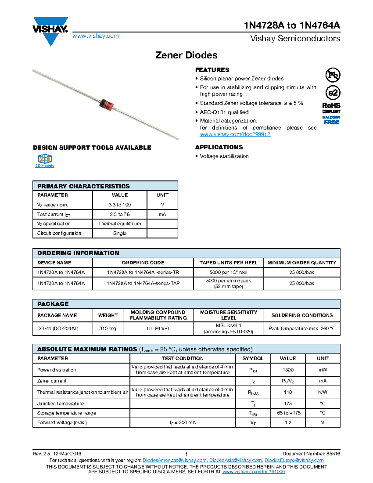 1N4742A Zener Diode Data Sheet - Vishay Semiconductors Overview - Studocu