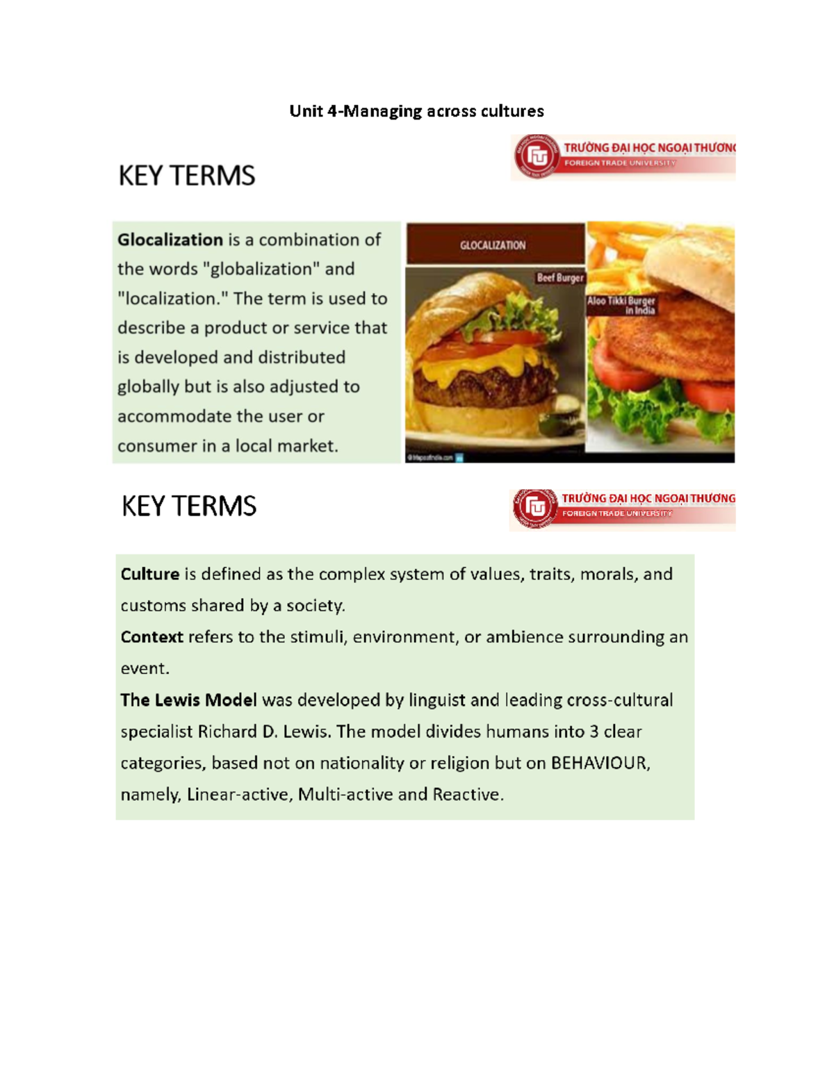Unit 4 - Managing Across Cultures: Key Concepts and Theories - Studocu