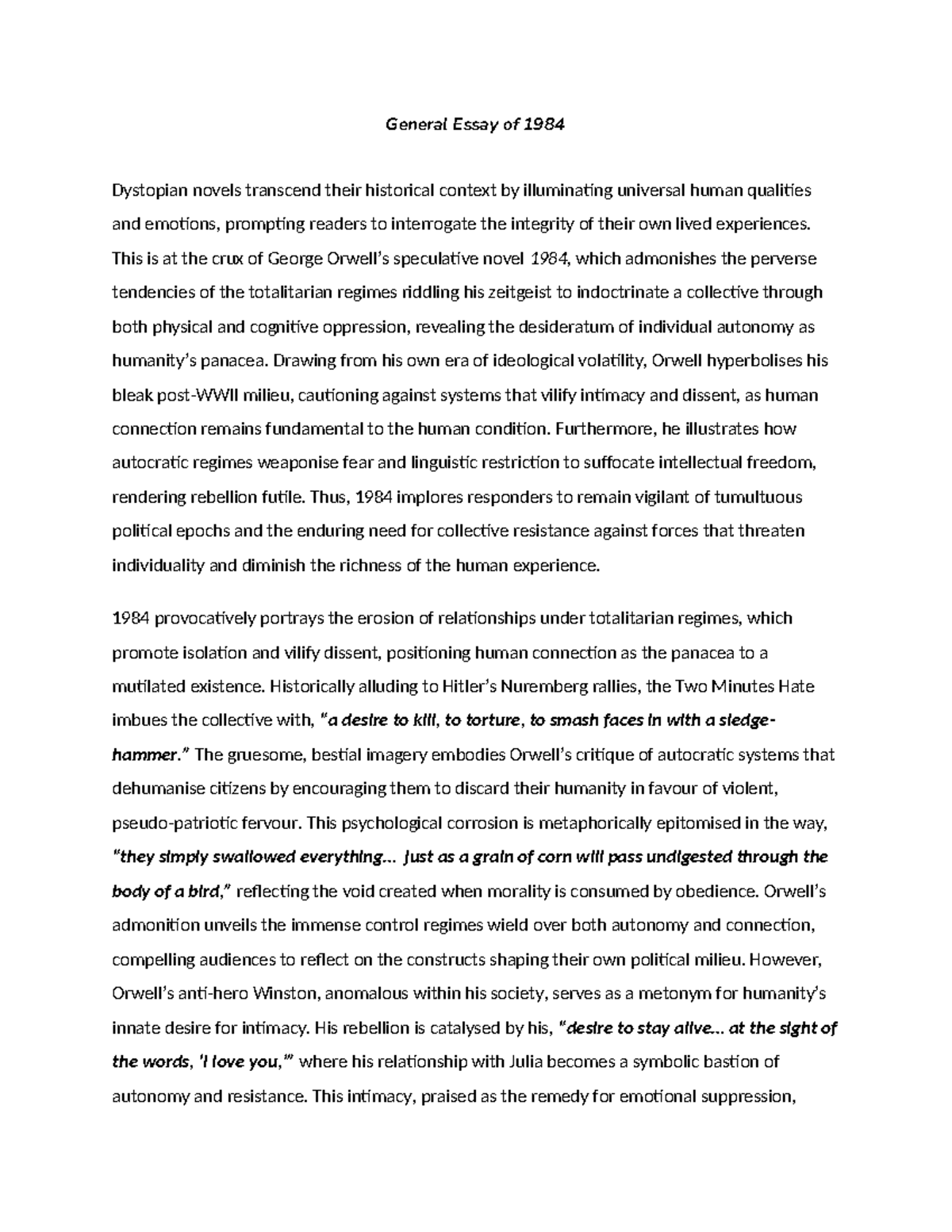 HSC English Essay: Analyzing Dystopian Themes in Orwell's 1984 - Studocu