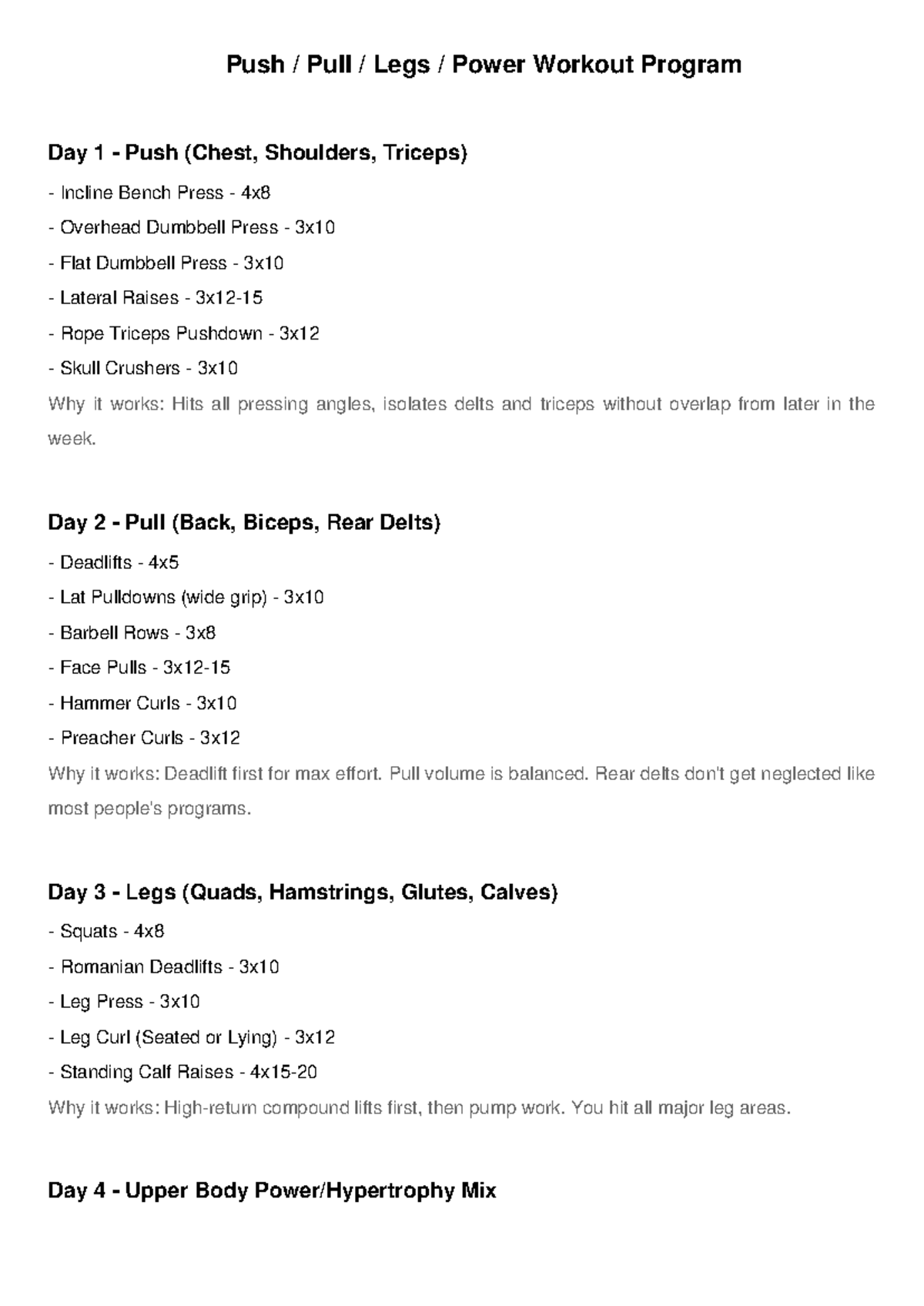 Push Pull Legs Power Workout Program: Day 1-4 Overview - Studocu