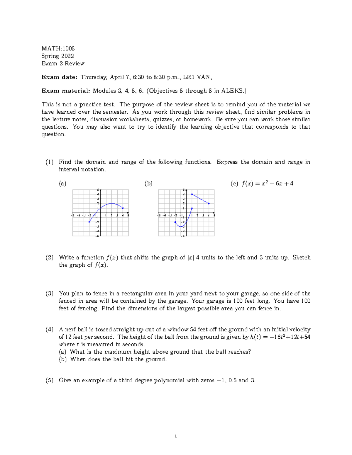review sheet (exam 2) - MATH: Spring 2022 Exam 2 Review Exam date ...