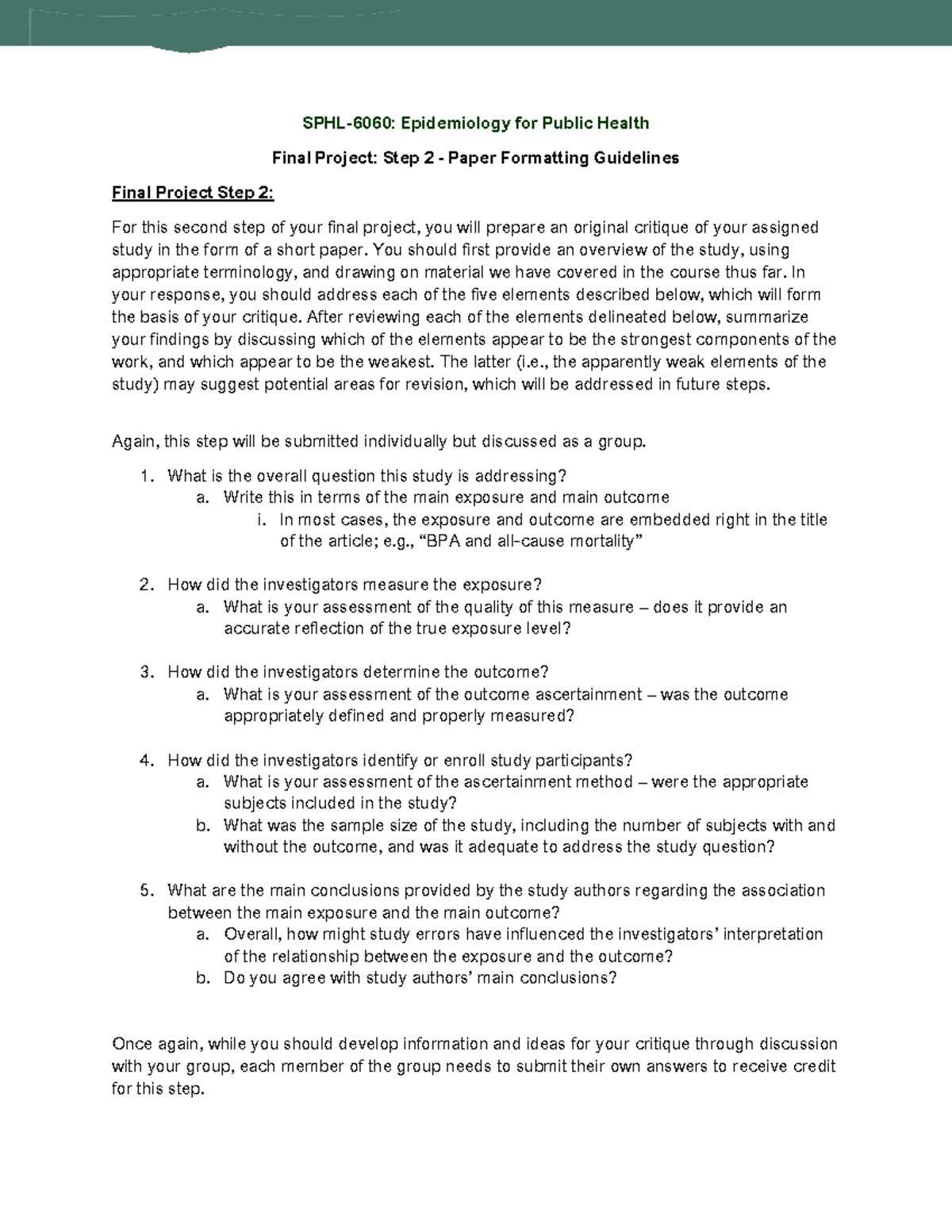 SPHL-6060 Final Project Step 2: Paper Formatting Guidelines - Studocu