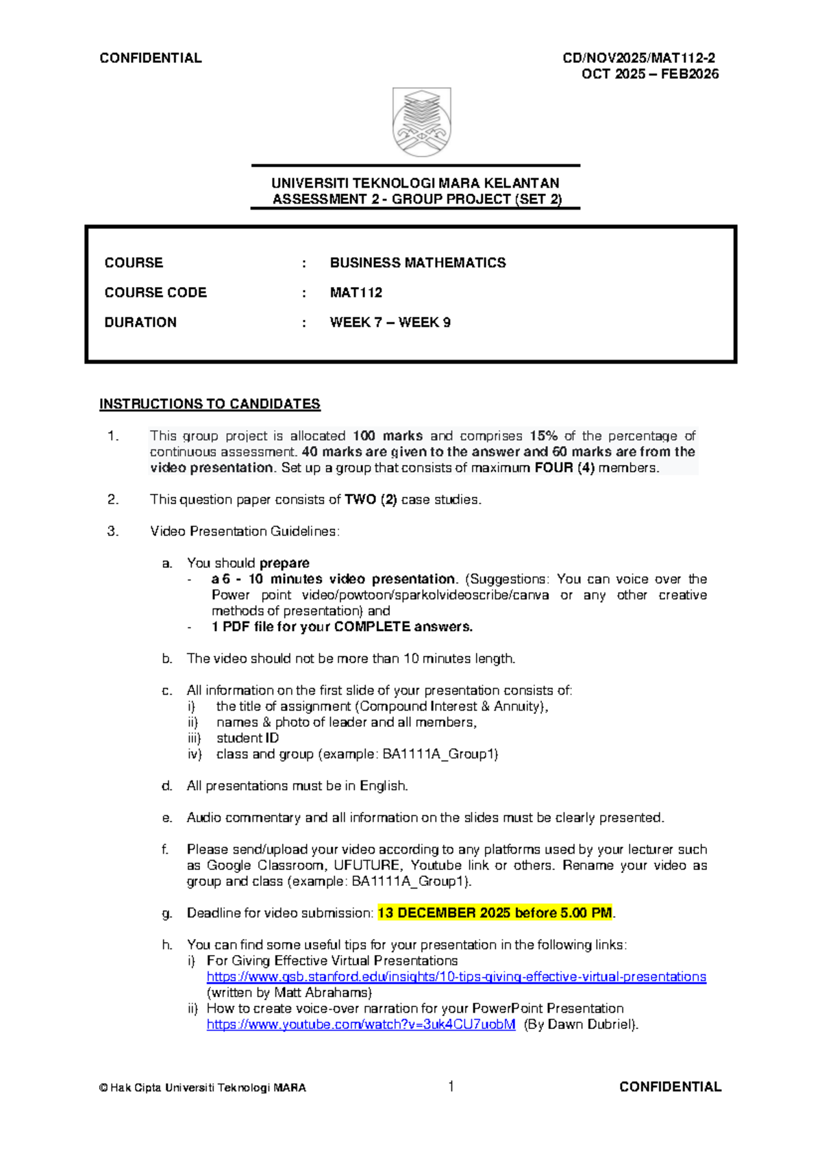 MAT112 Group Project: Business Mathematics Assessment 2 - Studocu