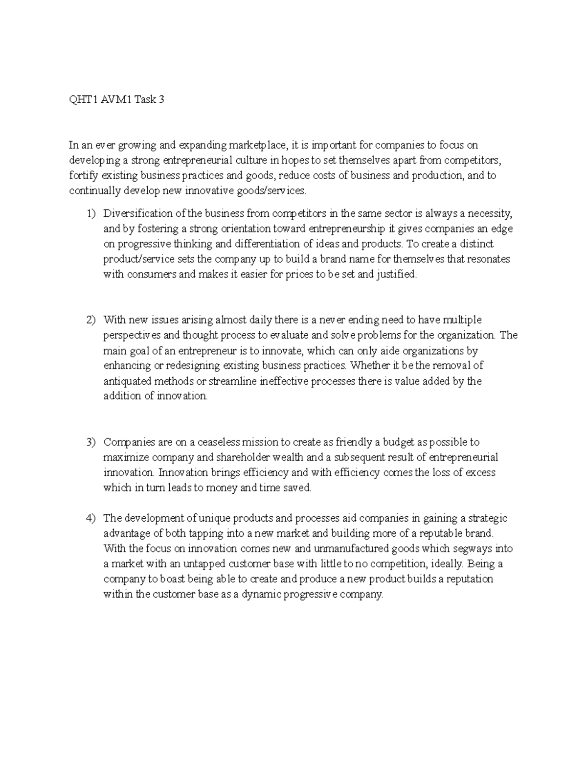 Business Management AVM1 QHT1 Task 3: Fostering Entrepreneurial Culture ...