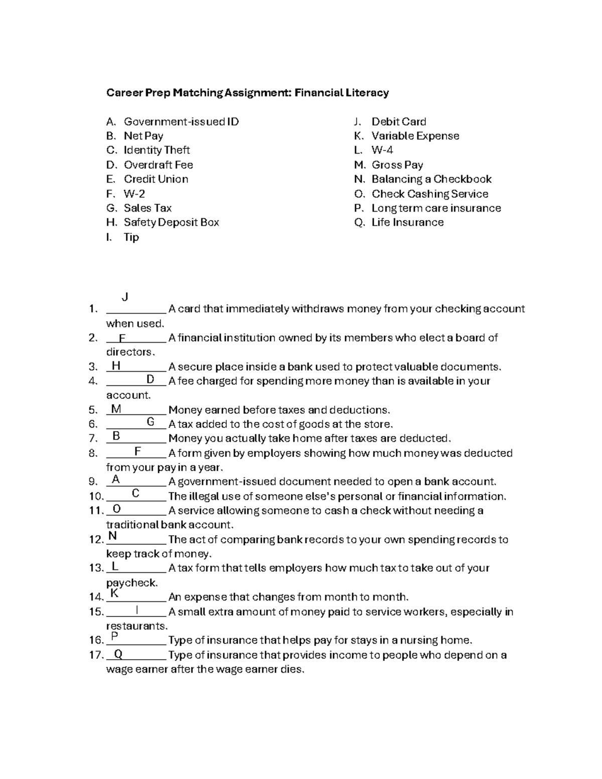 Career Prep Matching Assignment: Financial Literacy Concepts Review ...