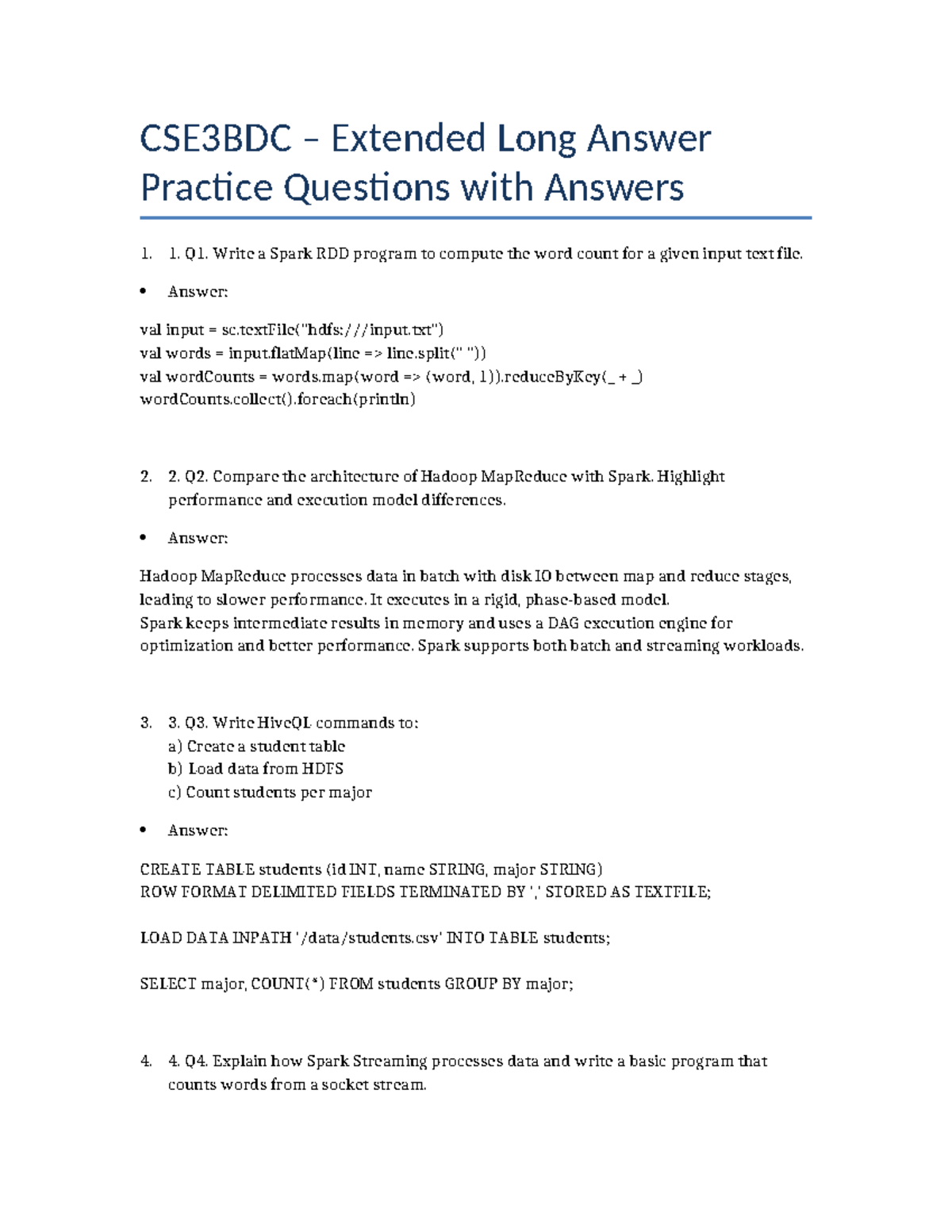 CSE3BDC Extended Long Answer Practice Questions & Solutions - Studocu