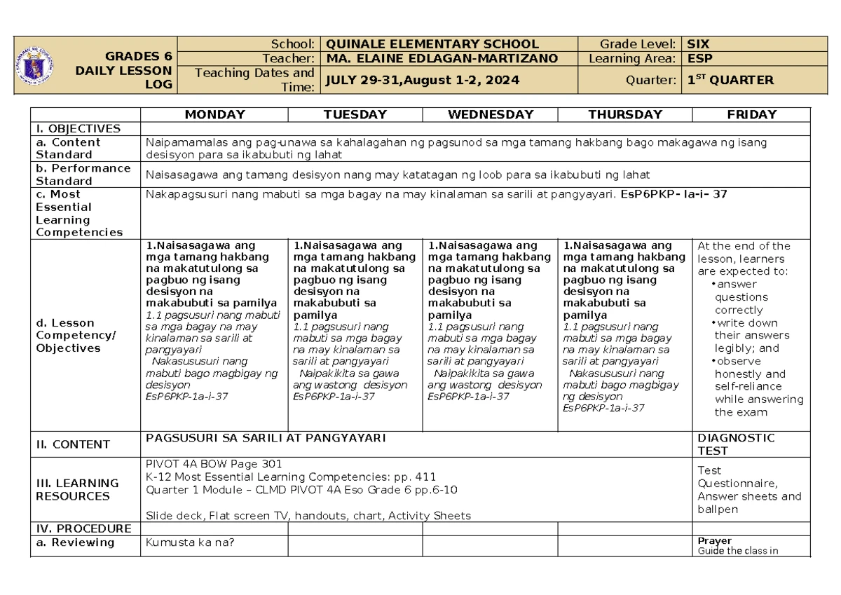 DLL ESP6Q1W4 - Daily Lesson Log for Grade 6 ESP - September 2023 - Studocu