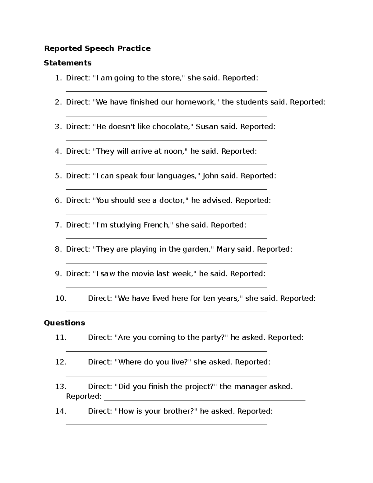 Reported Speech Practice Exercises and Examples - Studocu