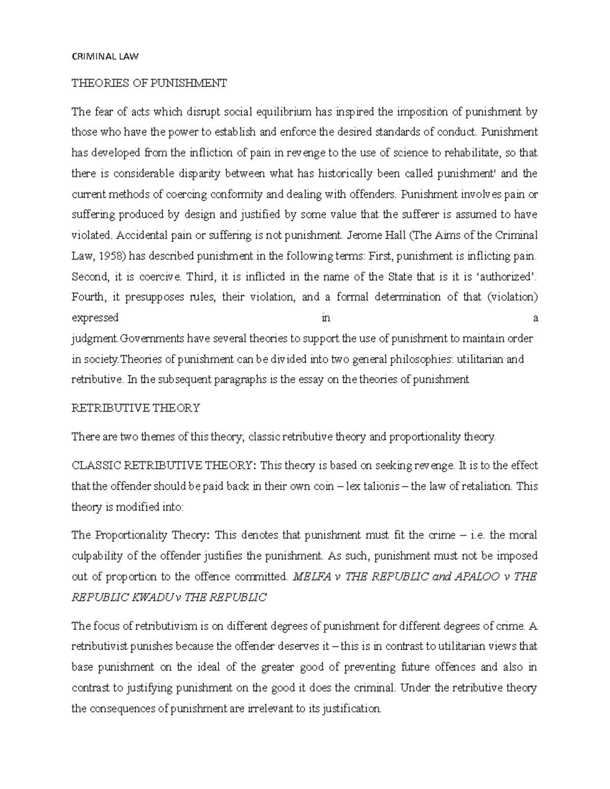 CRIM 101: Theories of Punishment in Criminal Law Analysis - Studocu