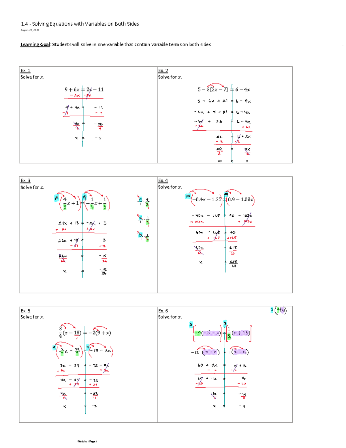 1.4 Solving Equations with Variables on Both Sides - Module 1 Notes ...