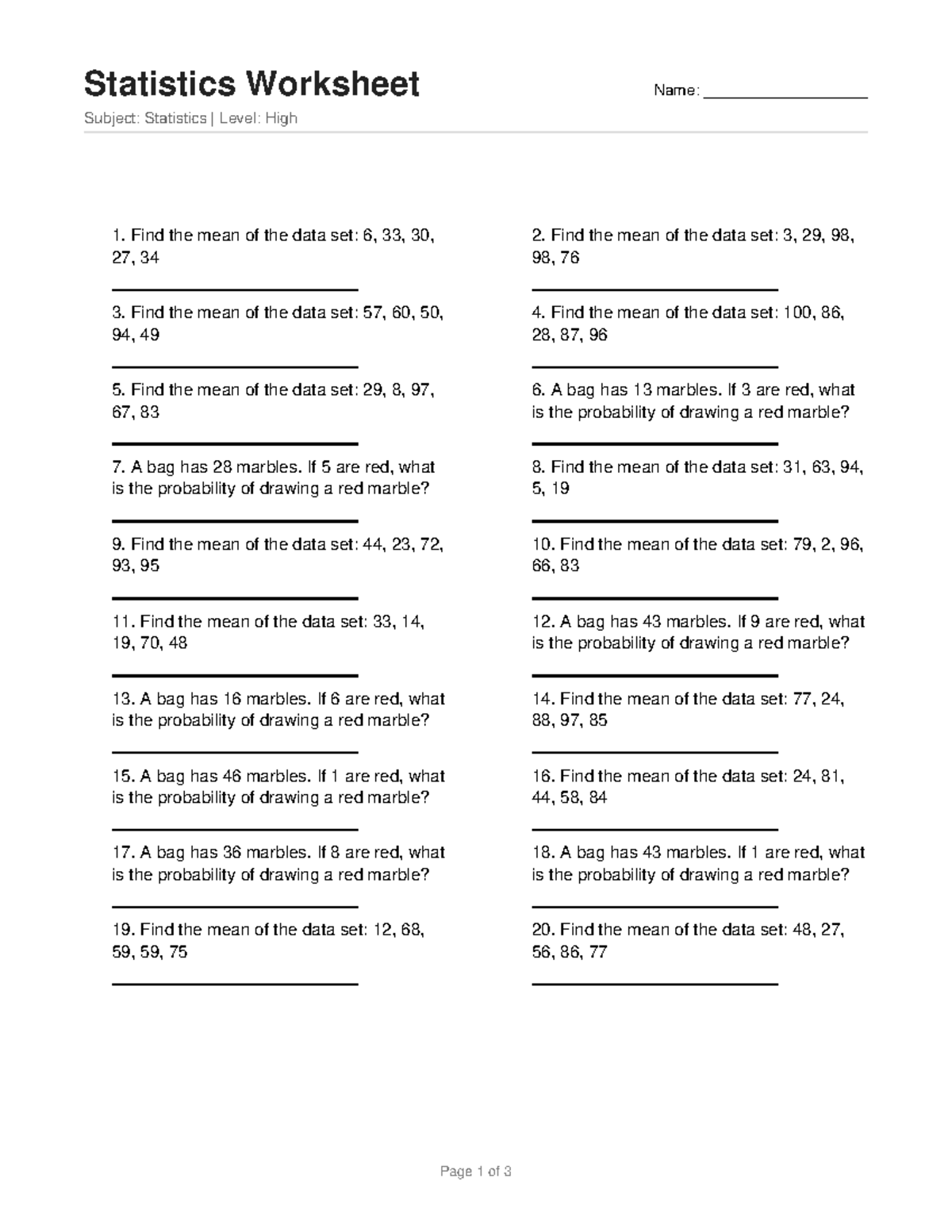 Statistics Worksheet 9: Mean & Probability Problems - Studocu