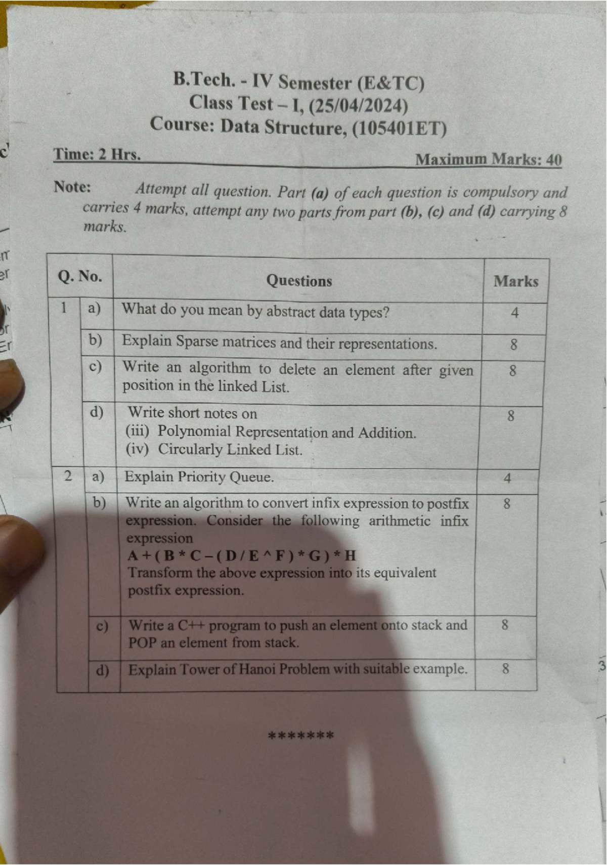 B.Tech. IV Sem Data Structure Class Test I (105401ET) Question Paper ...