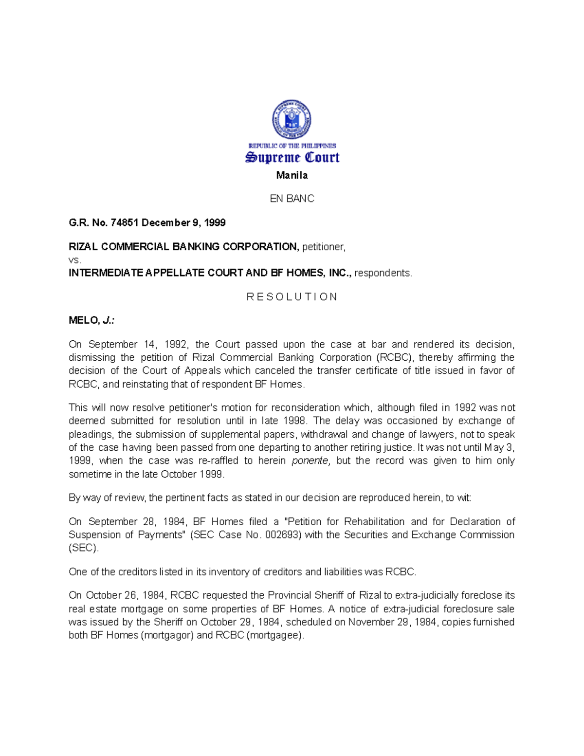 RCBC v. IAC: Resolution on Rehabilitation and Foreclosure Issues - Studocu