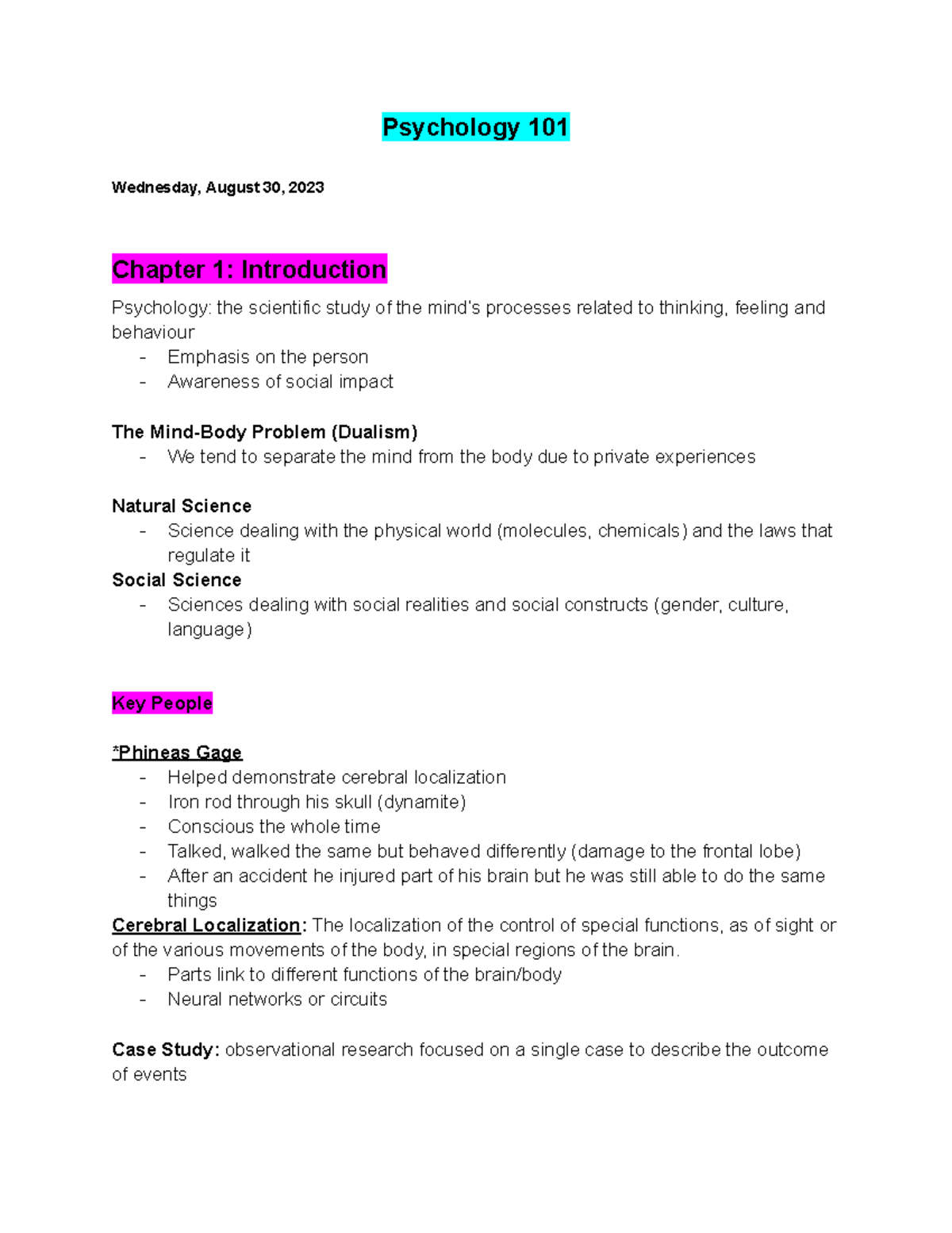 Psychology 101 Notes - Psychology 101 ####### Wednesday, August 30 ...