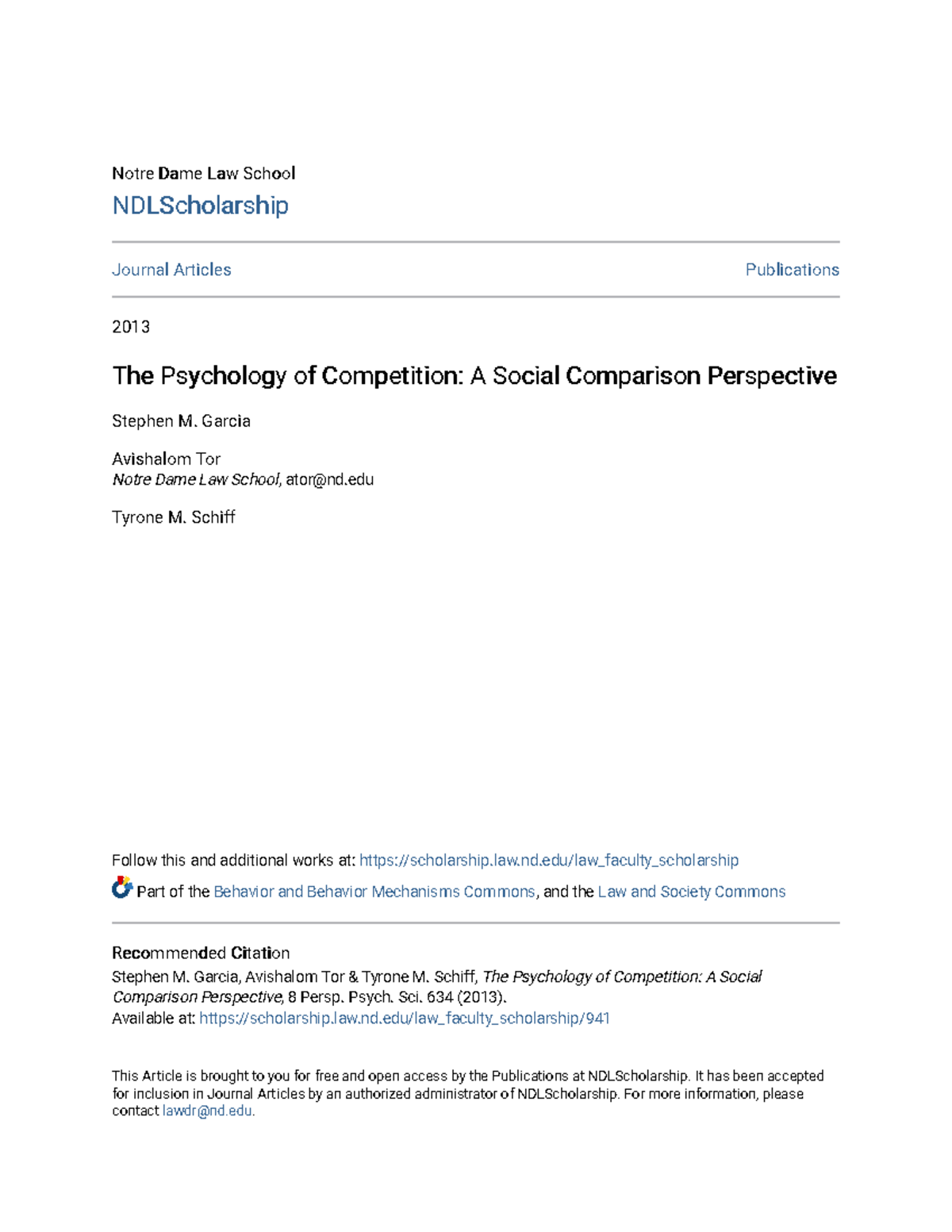 The Psychology of Competition A Social Comparison Perspective - Notre ...