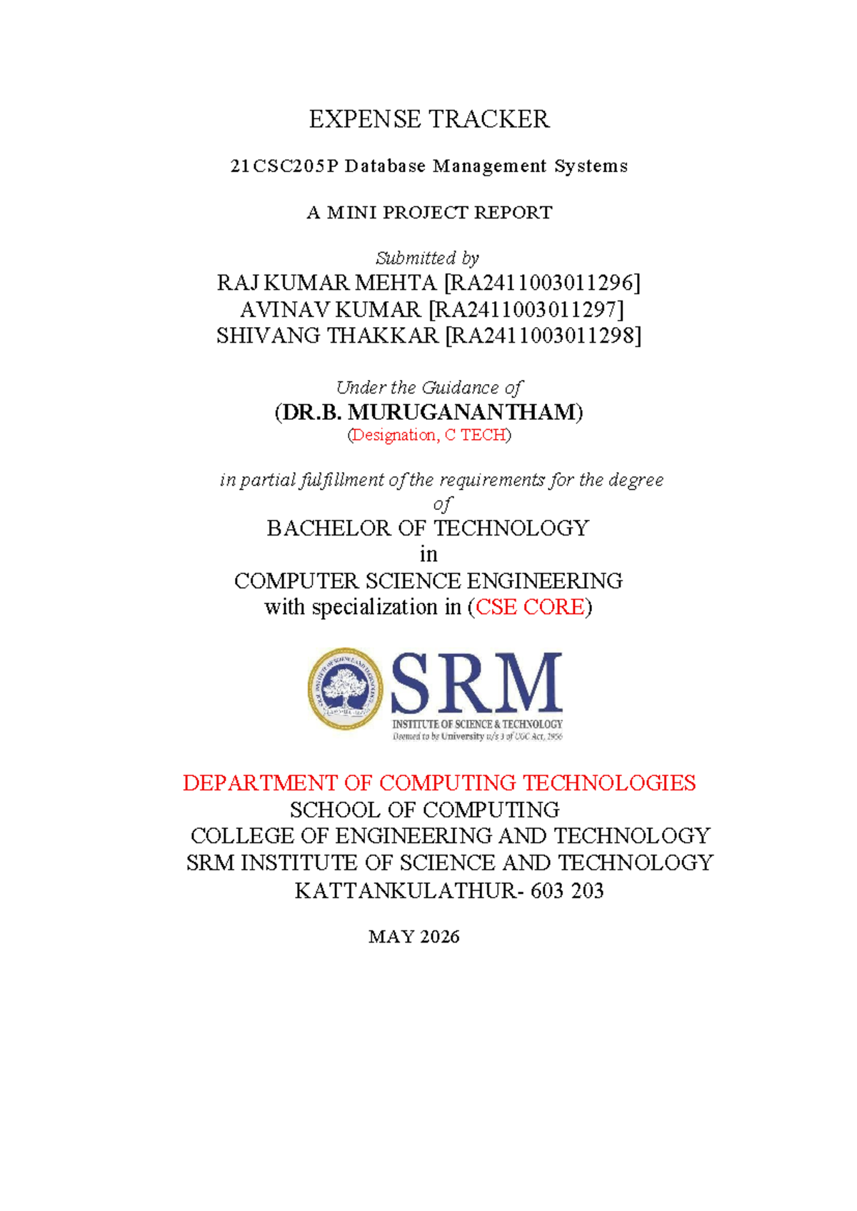 Expense Tracker Mini Project Report for 21CSC205P DBMS - Studocu