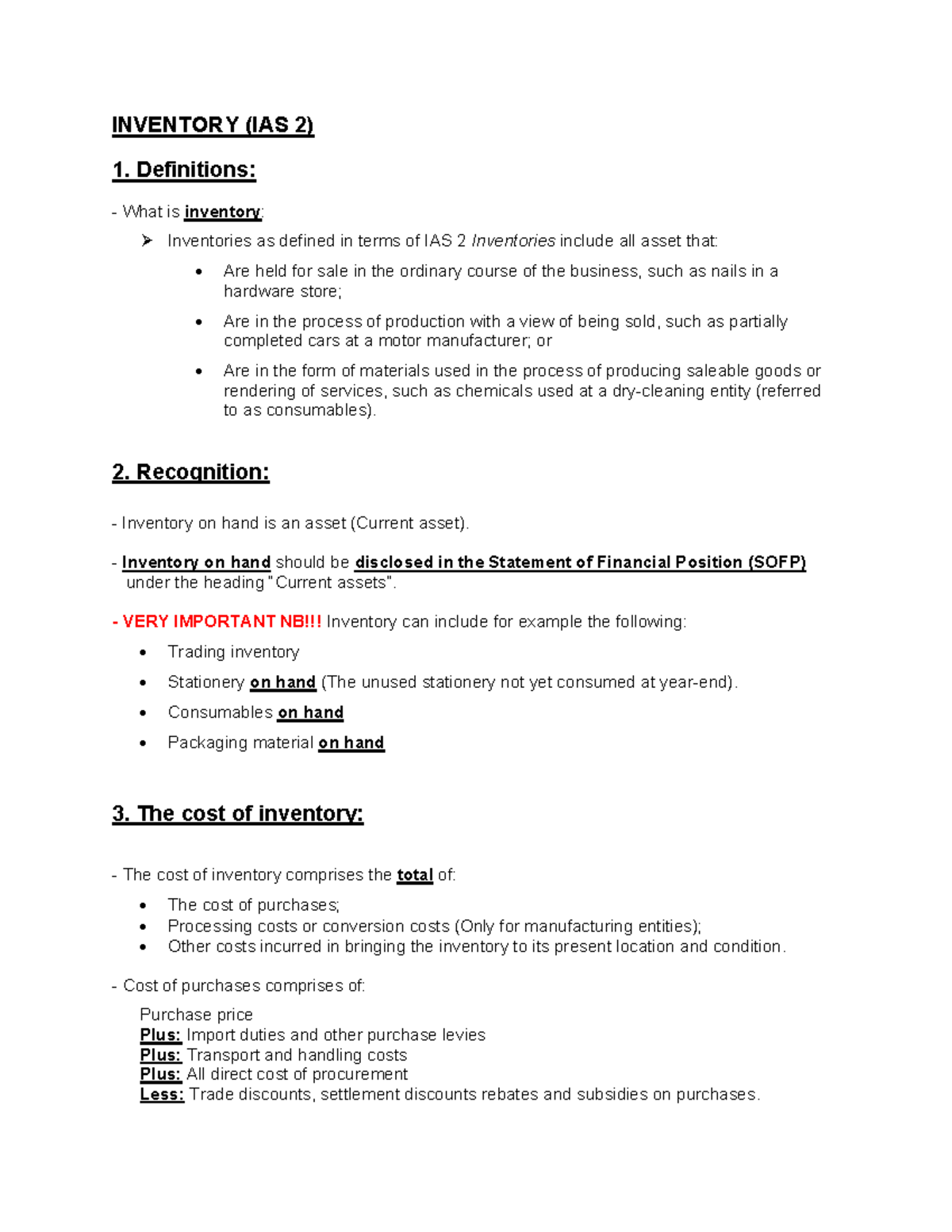 Inventory Summary (IAS 2) - Key Concepts and Costing Methods - Studocu