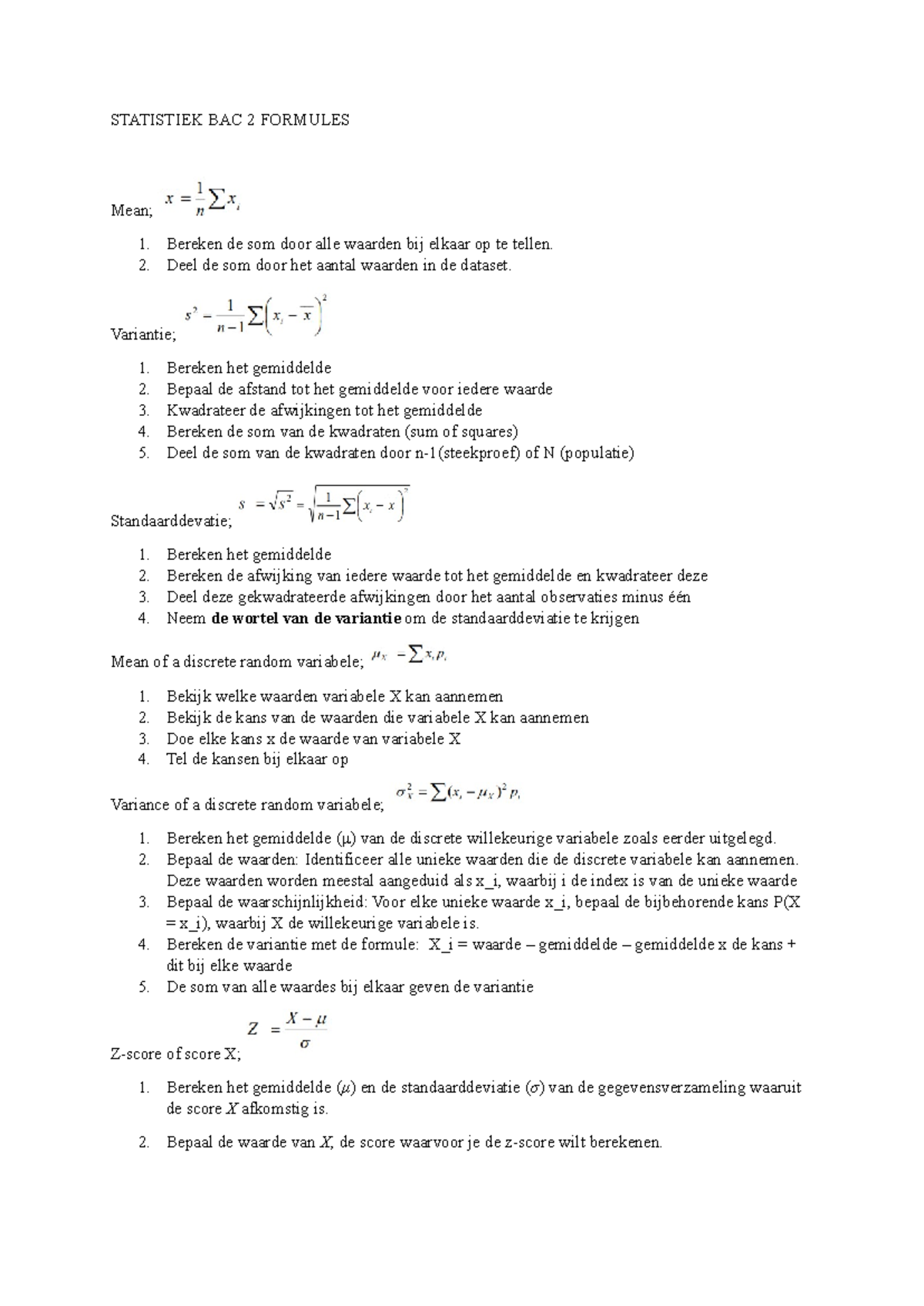 STATISTIEK BAC 2 FORMULES VOOR MEAN, VARIANTIE EN REGRESSIE ANALYSE ...