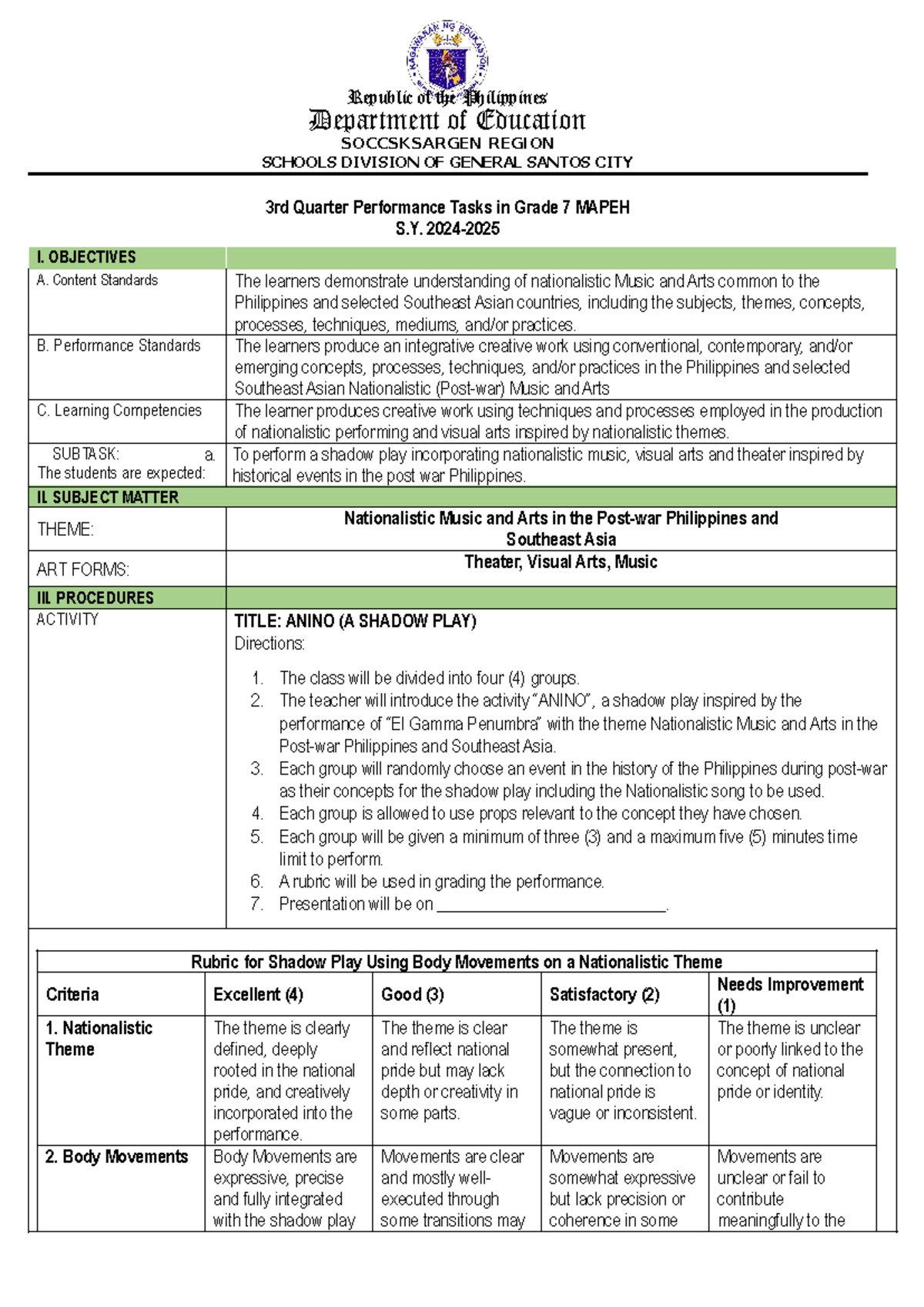 3RD Quarter Performance Task in MAPEH: Nationalistic Arts & Music - Studocu