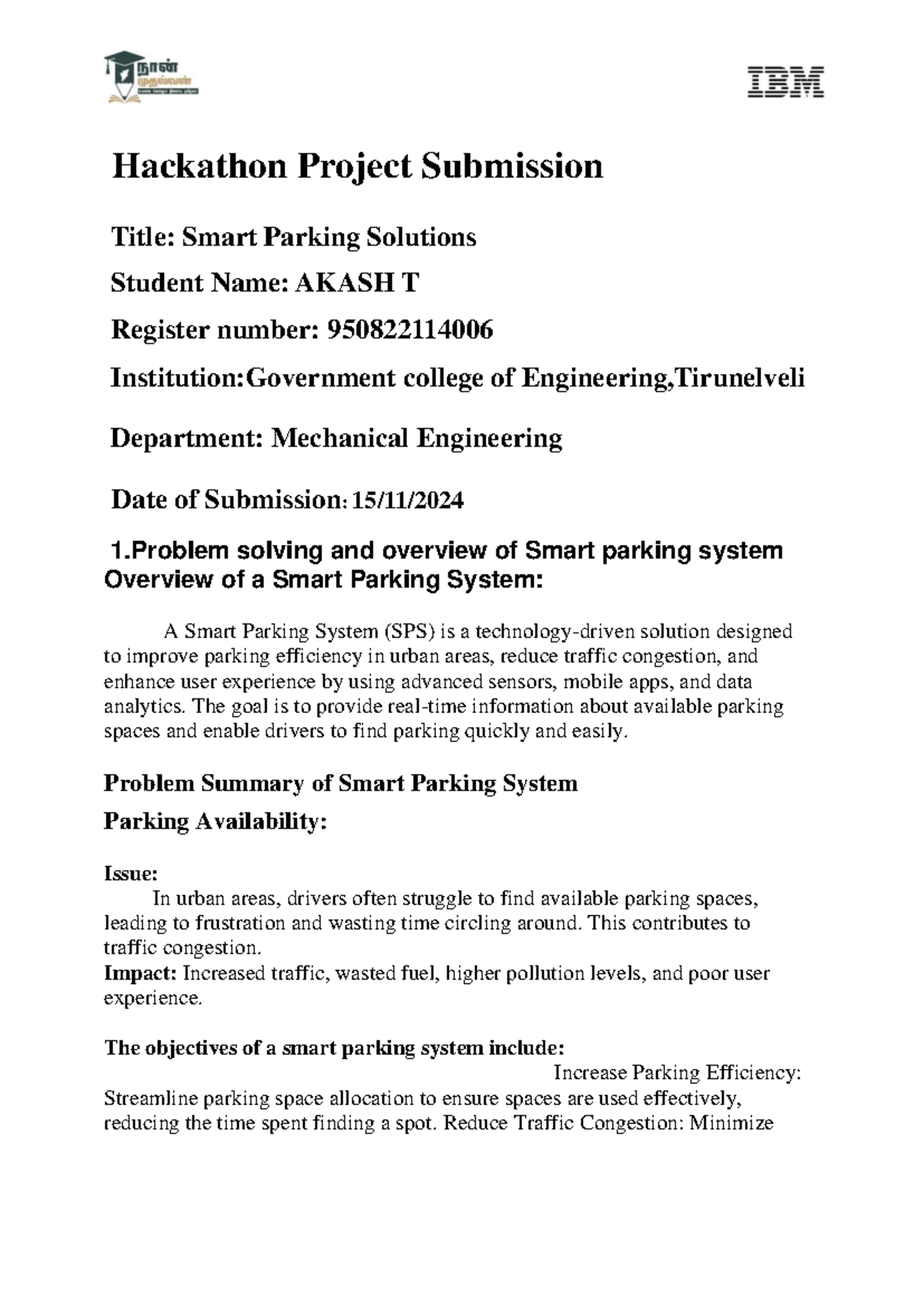 Smart Parking Solutions: Hackathon Project Submission - Mechanical Engg ...