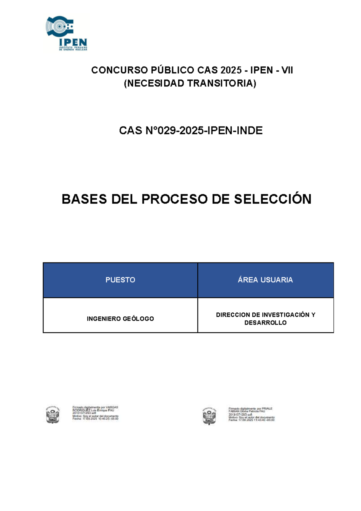 Bases del Proceso de Selección CAS 2025 IPEN: Ingeniero Geólogo - Studocu