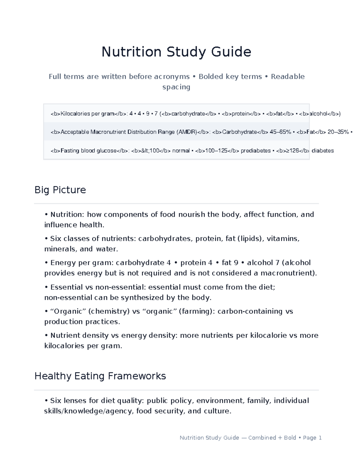 Nutrition Study Guide Combined: Key Concepts & Terms - Studocu