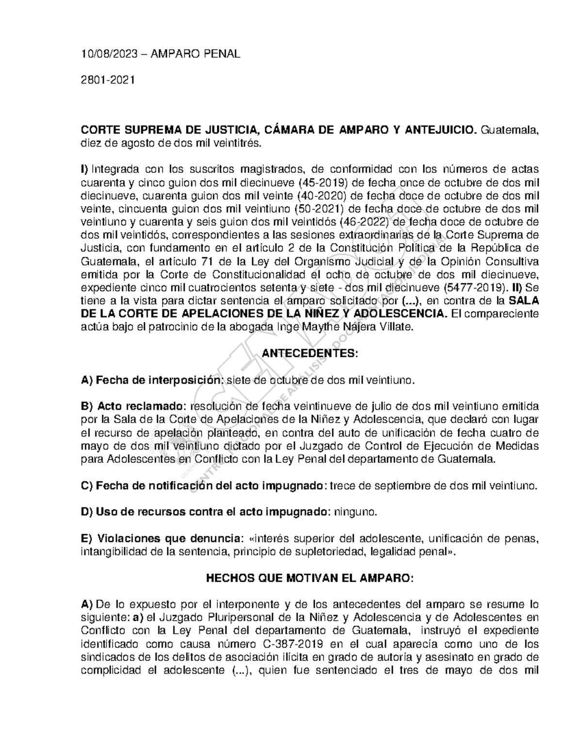 Amparo 2801-2021: Sentencia de la Corte Suprema sobre Adolescentes en ...