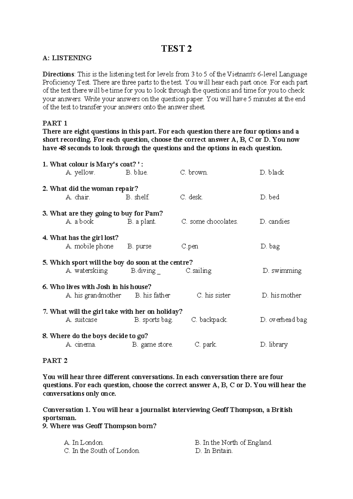 Listening Test 2: Language Proficiency Levels 3-5 - Directions ...