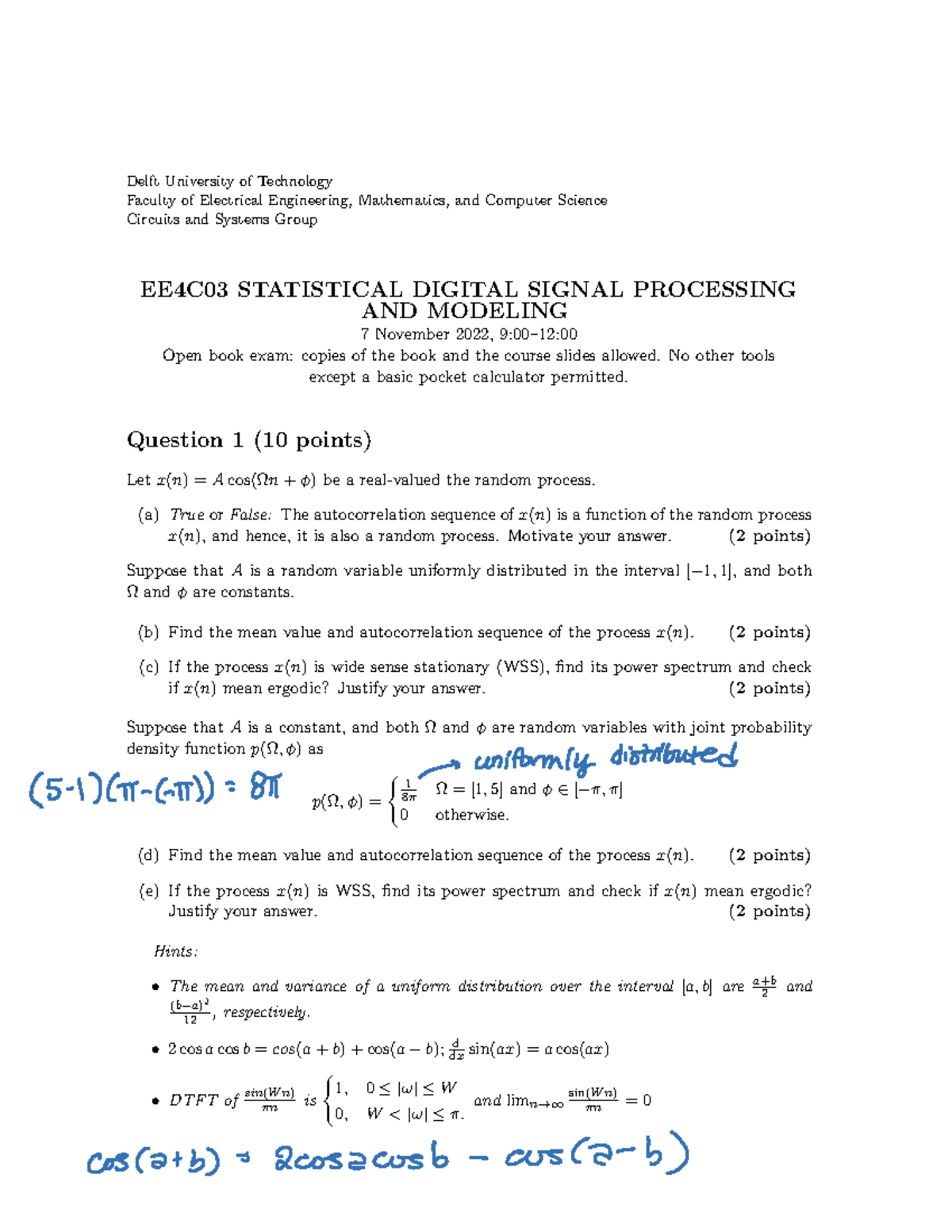 EE4C03 Final Exam: Statistical Digital Signal Processing Solutions ...