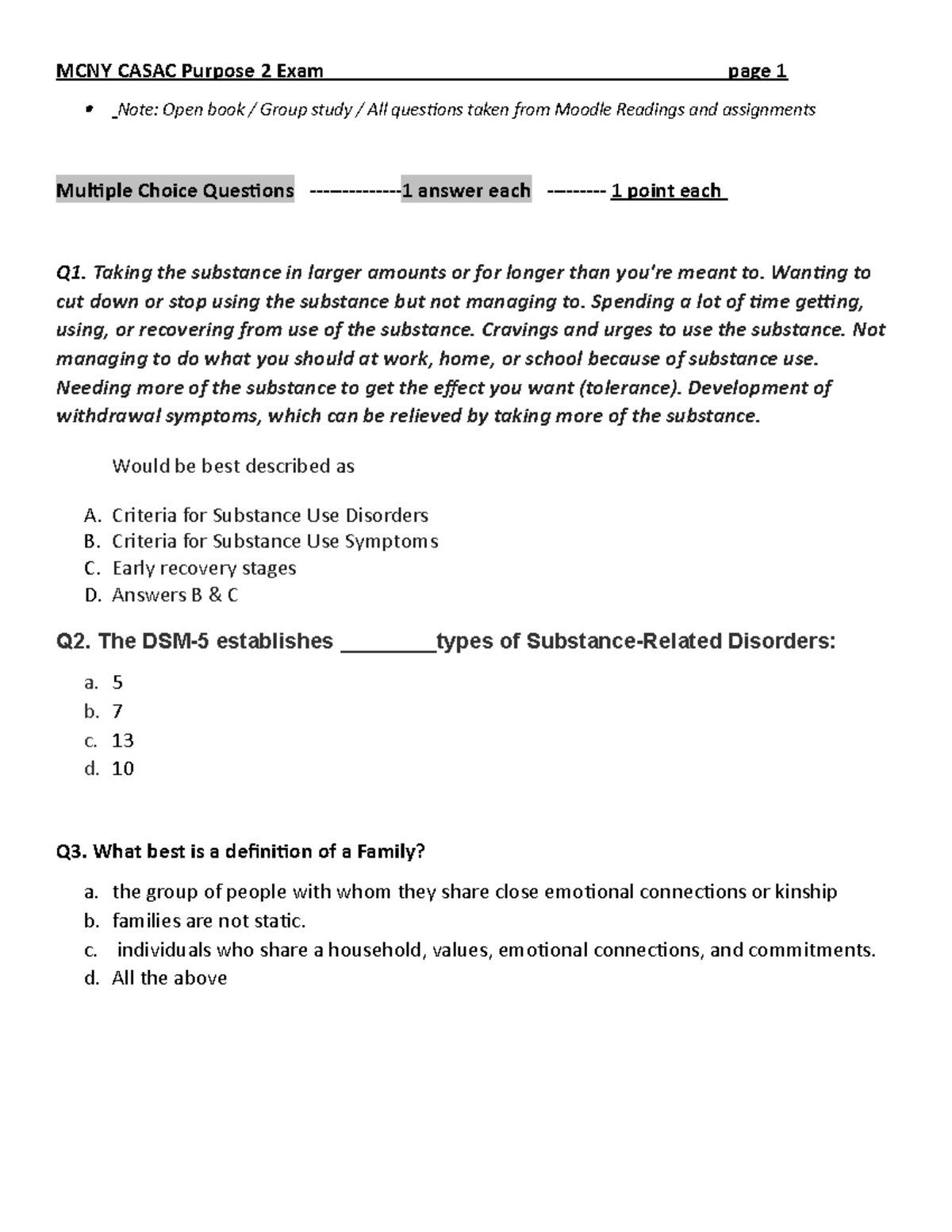 MCNY CASAC 2 Quiz on Substance Use Disorders & Family Counseling - Studocu