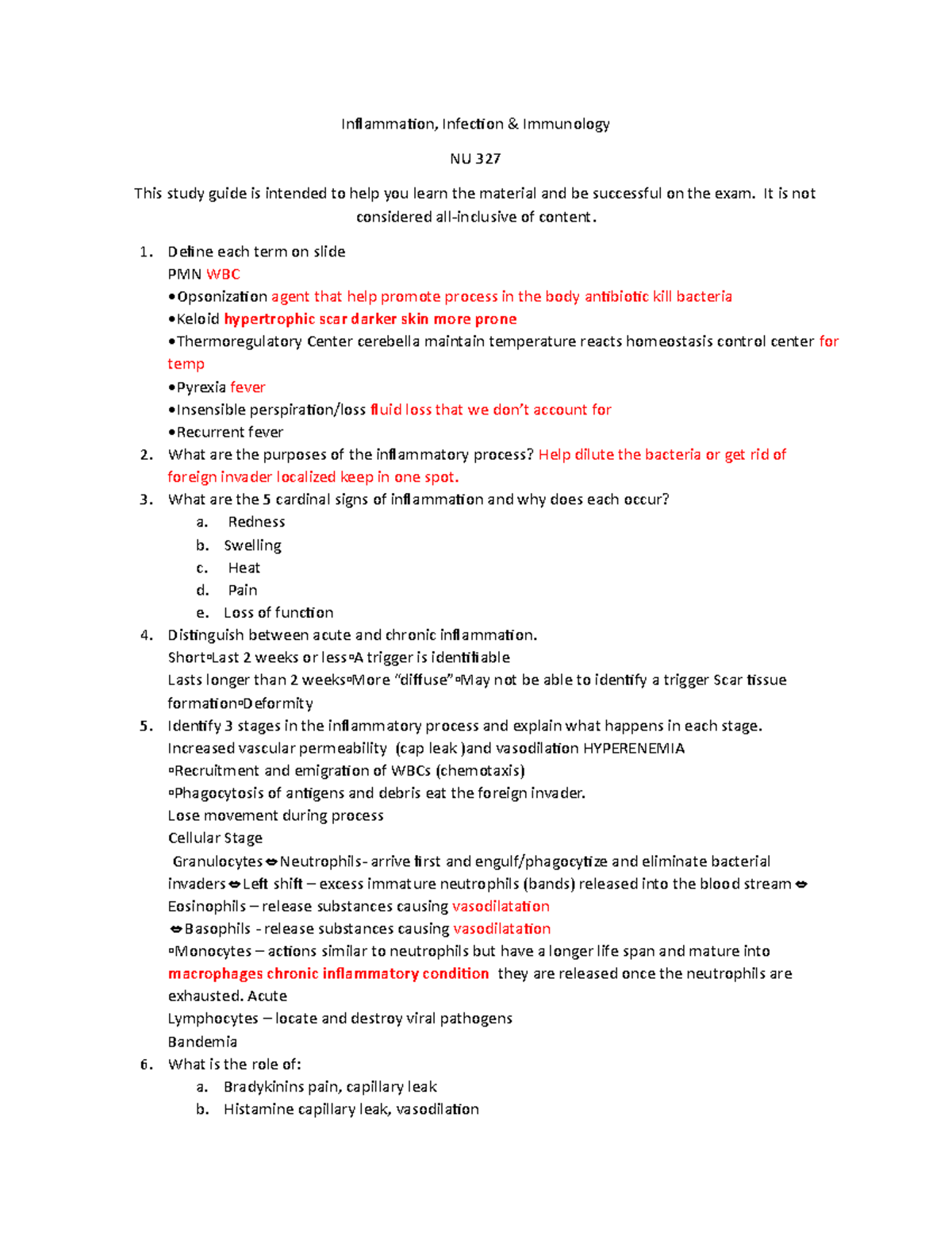 NU 327 Inflammation, Infection & Immunology Study Guide for Exams - Studocu