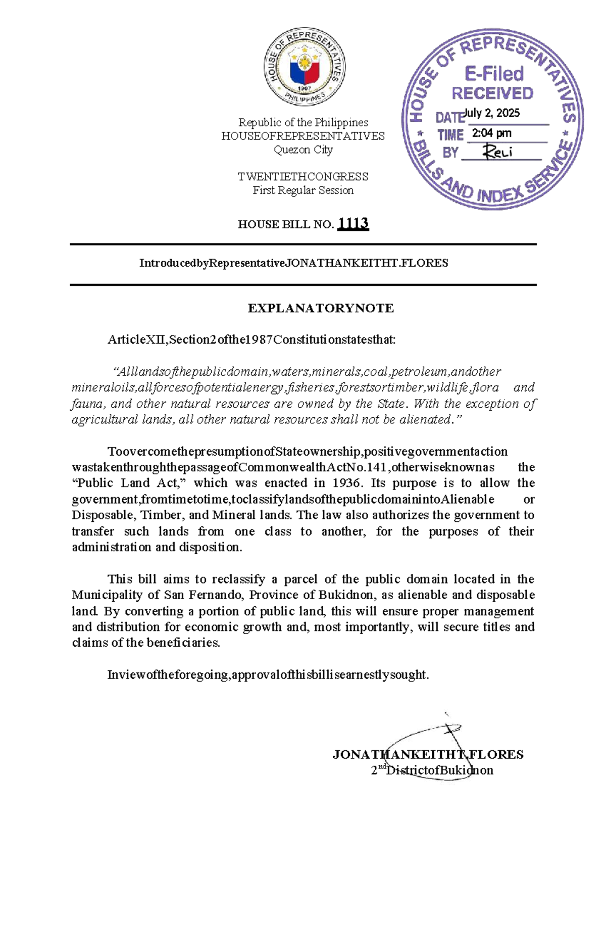 House Bill No. 1113: Reclassification of Public Land in Bukidnon - Studocu