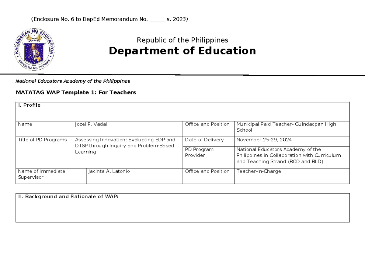Sample WAP Template for Teachers - 103507 - Studocu