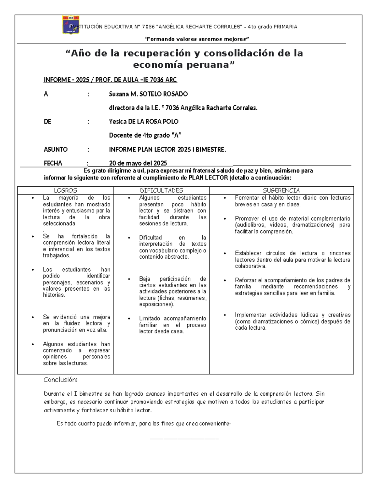 Informe del Plan Lector 2025 - 4to Grado Primaria I.E. 7036 - Document Preview